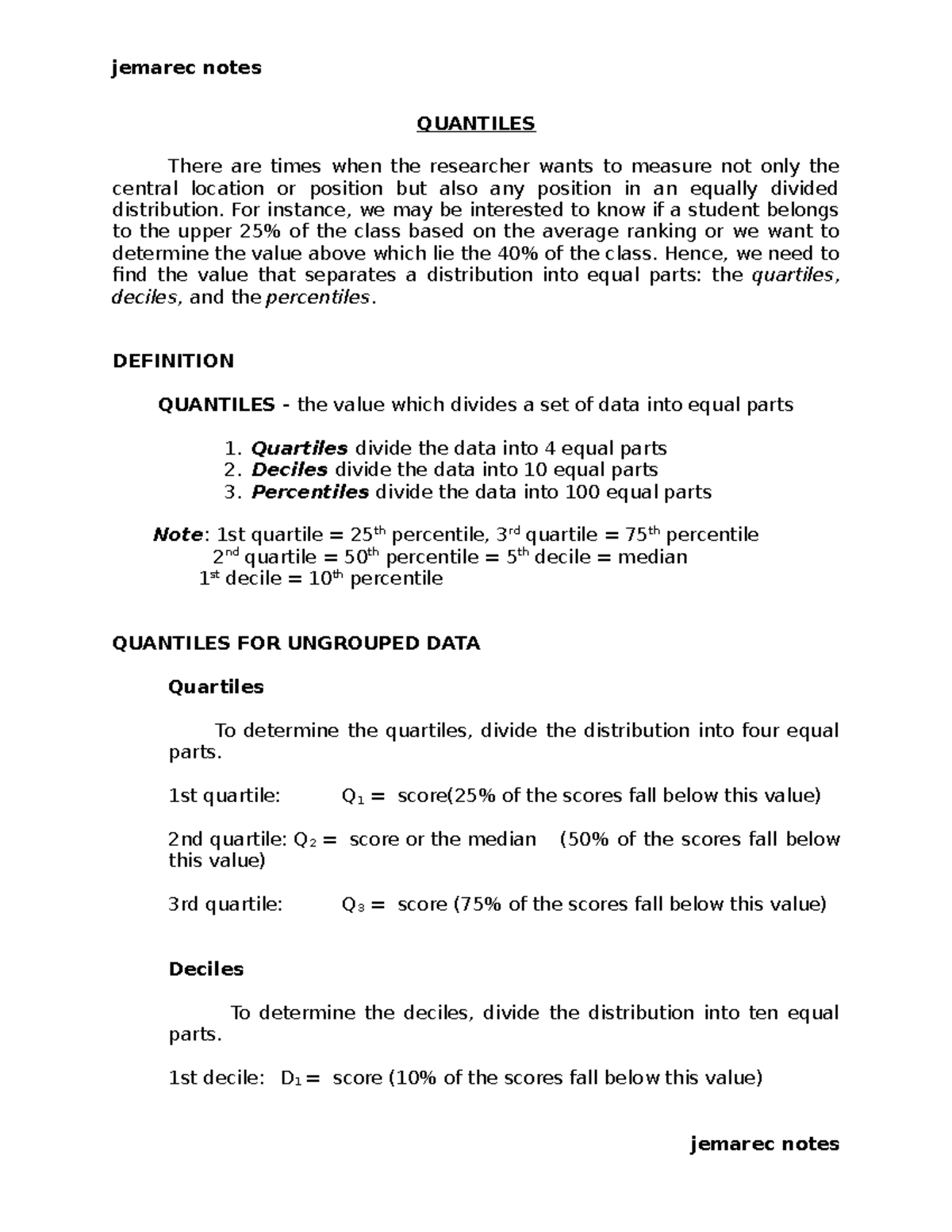 Quantiles - Ungrouped Data (Statistics and Probability) - jemarec notes ...