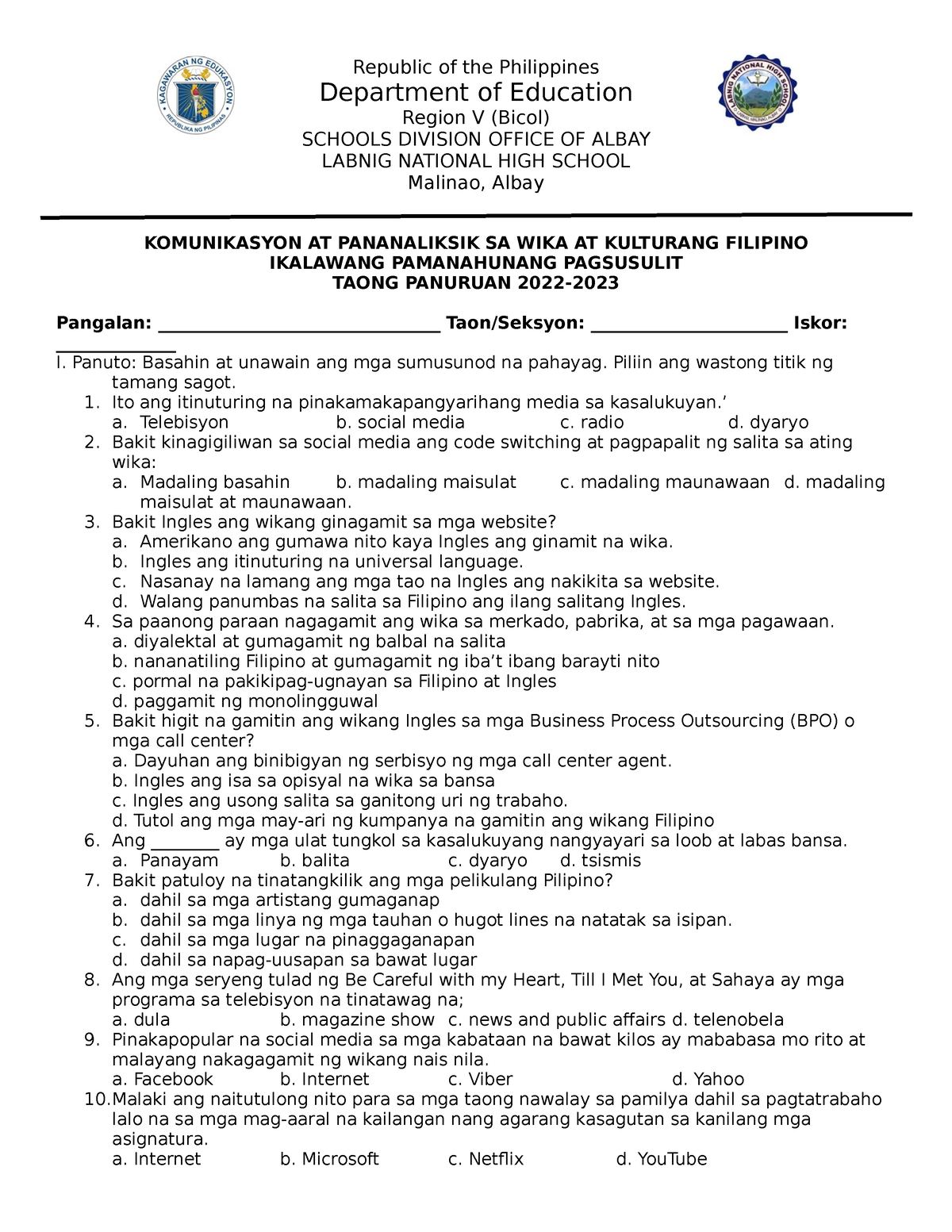 Second Quarter Exam Filipino - Republic of the Philippines Department ...