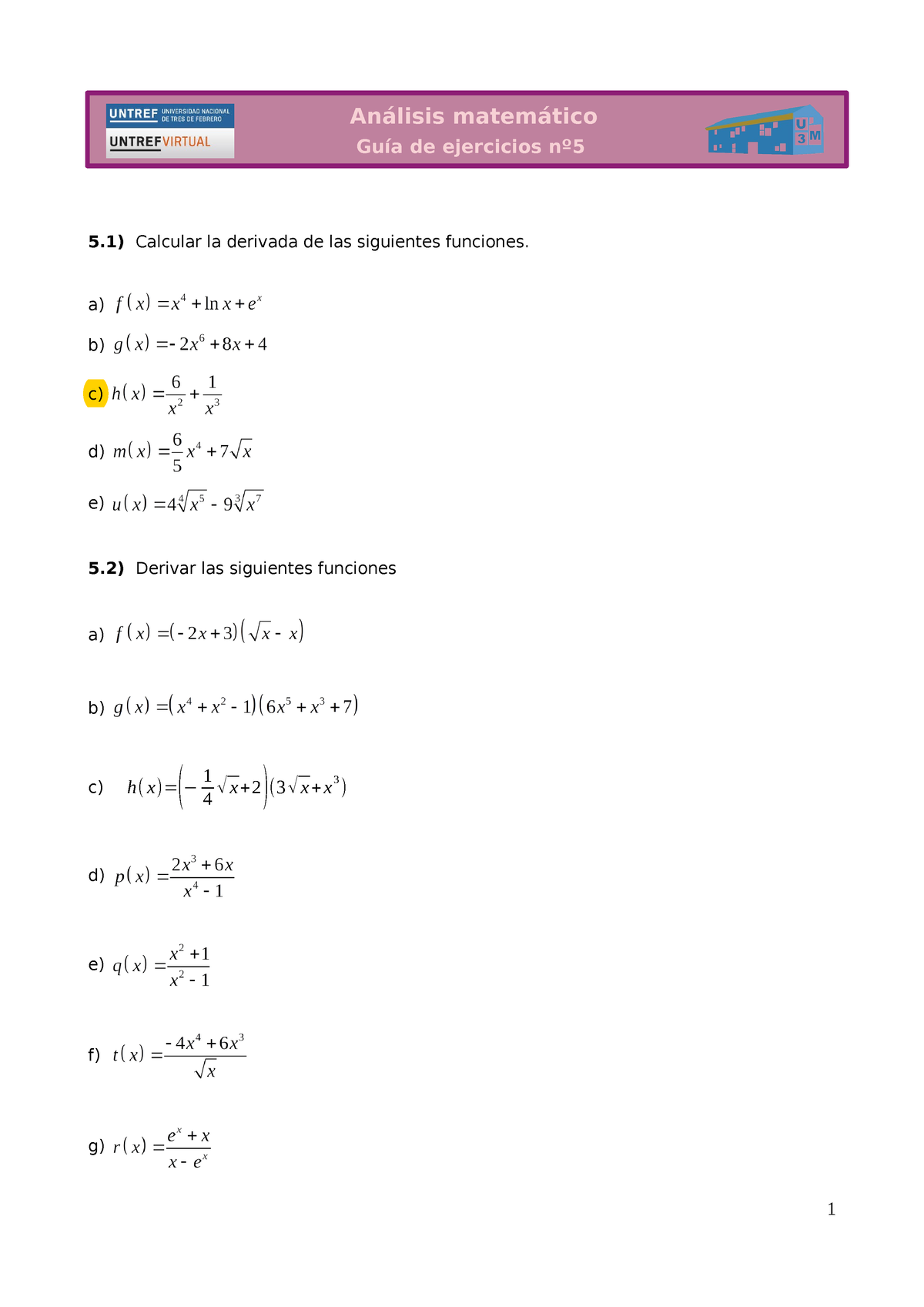 U5.1 Guia De Ejercicios - Calcular La Derivada De Las Siguientes ...