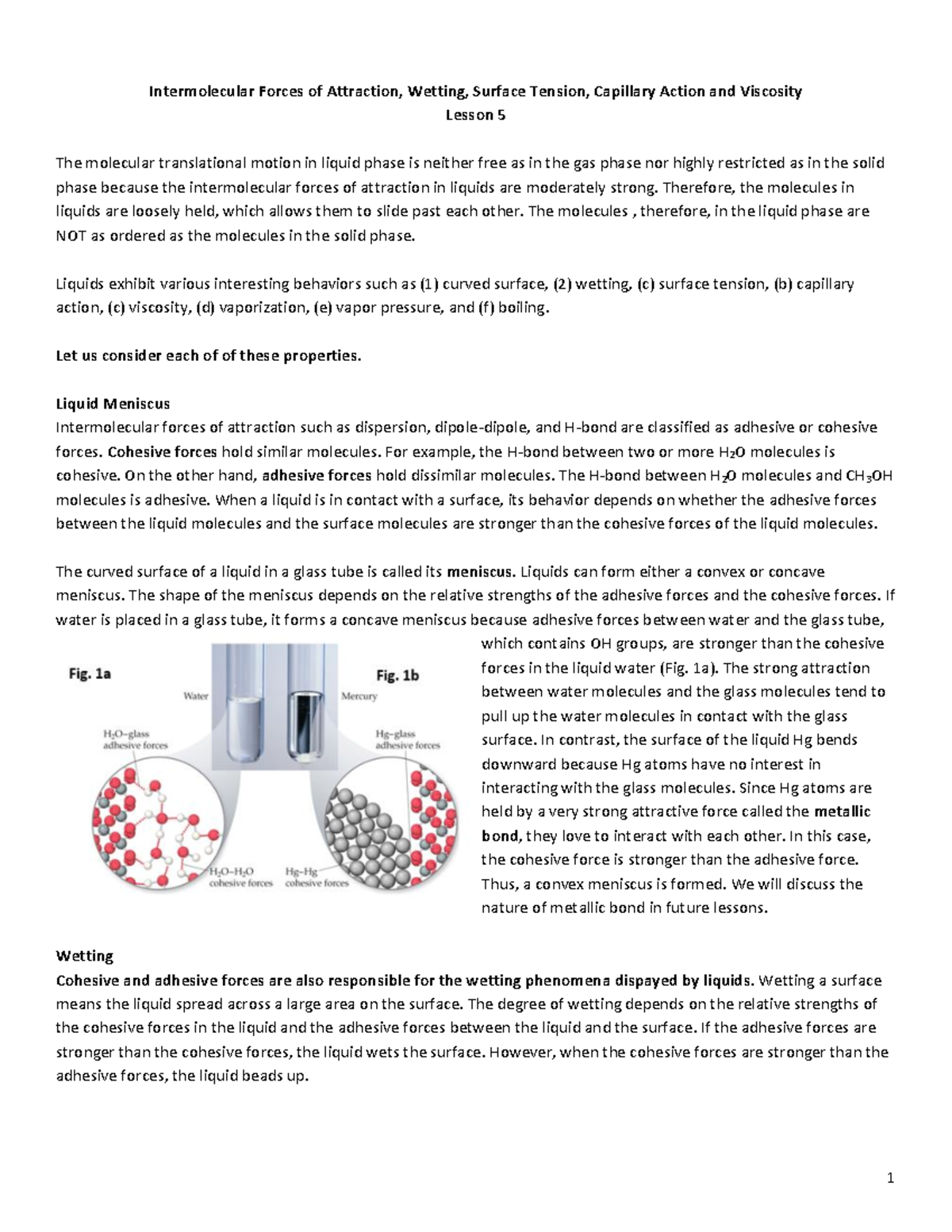 Lesson 5 IMF and Wetting, Surface Tension, Capillary Action and