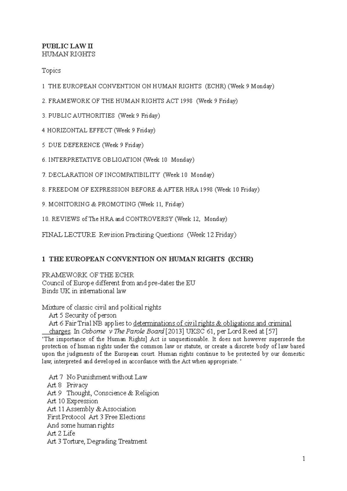 Human Rights Handout - PUBLIC LAW II HUMAN RIGHTS Topics 1 THE EUROPEAN ...