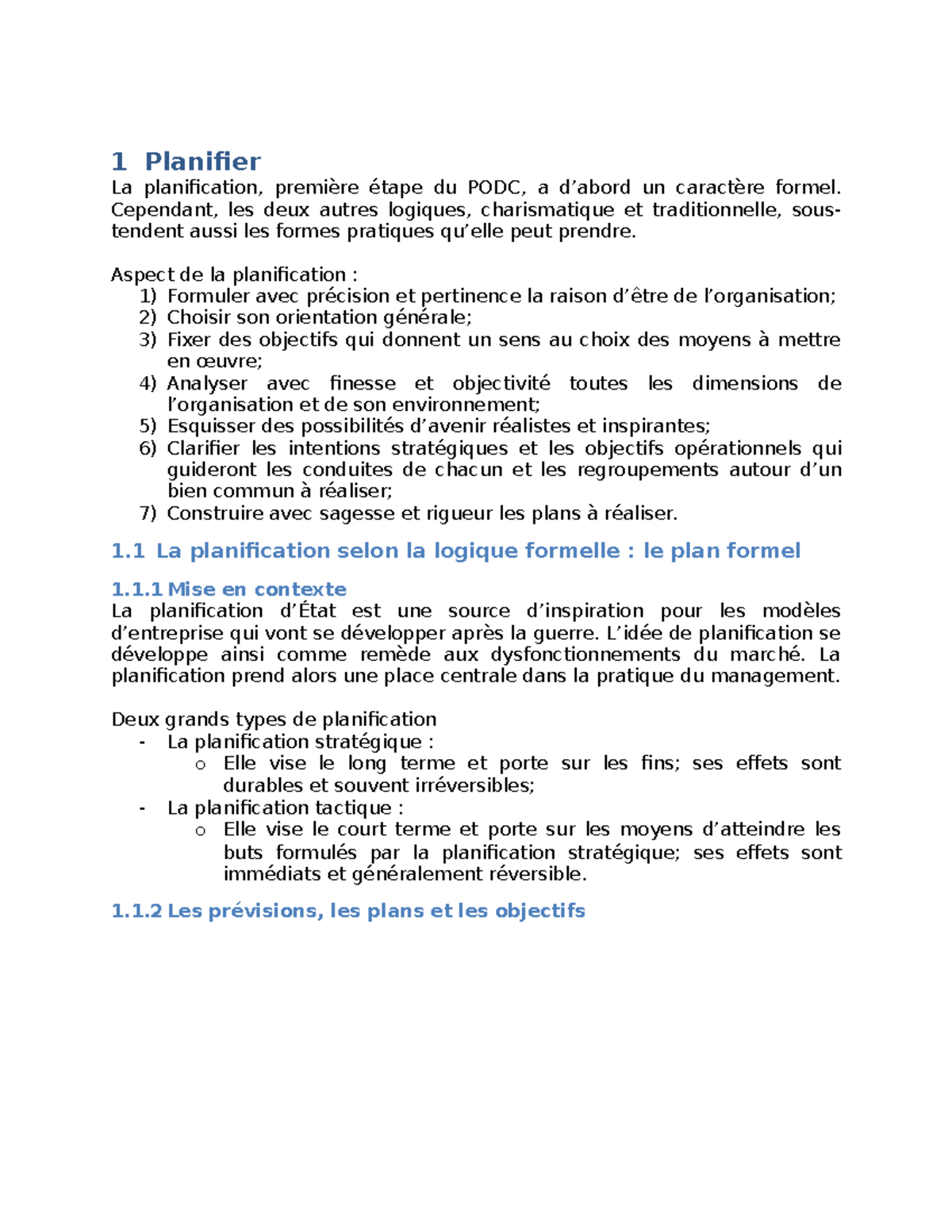 Chapitre 9 - Résumé Le Management - 1 Planifier La planification, du ...