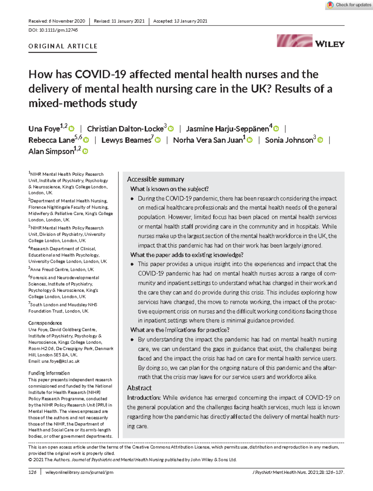 Psychiatric Ment Health Nurs - 2021 - Foye - How has Covid‐19 affected ...