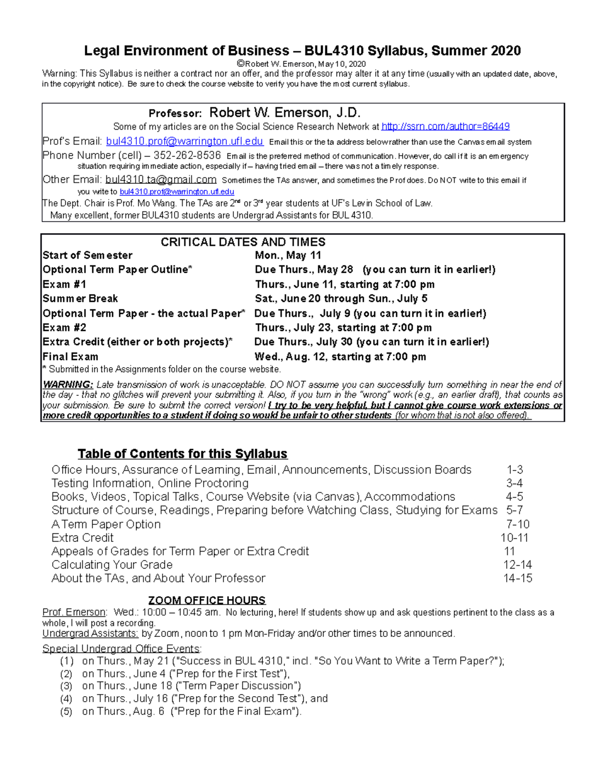 BUL 4310 SyllabusMay10Sum 2020 Legal Environment of Business