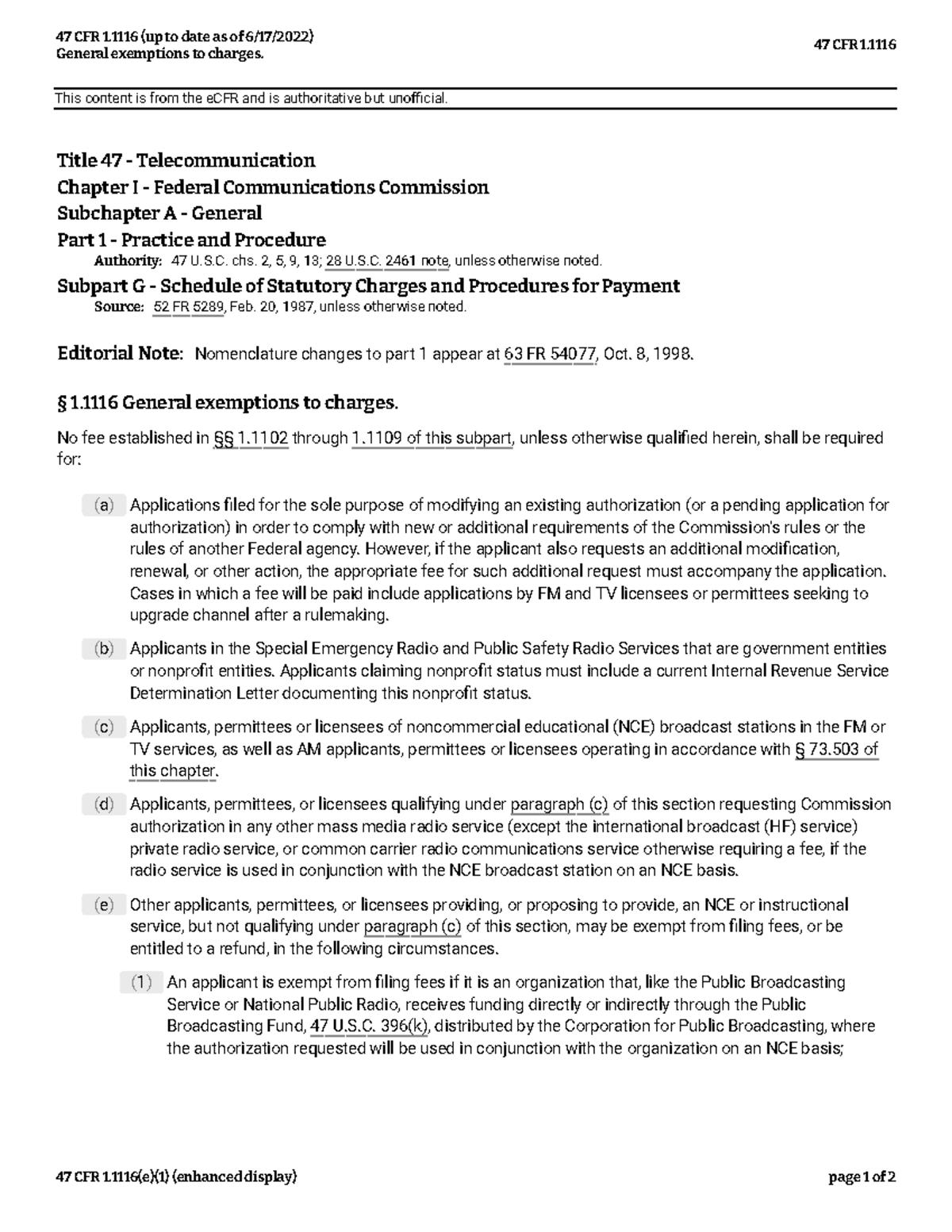 General exemptions to charges in 47 CFR - Studocu