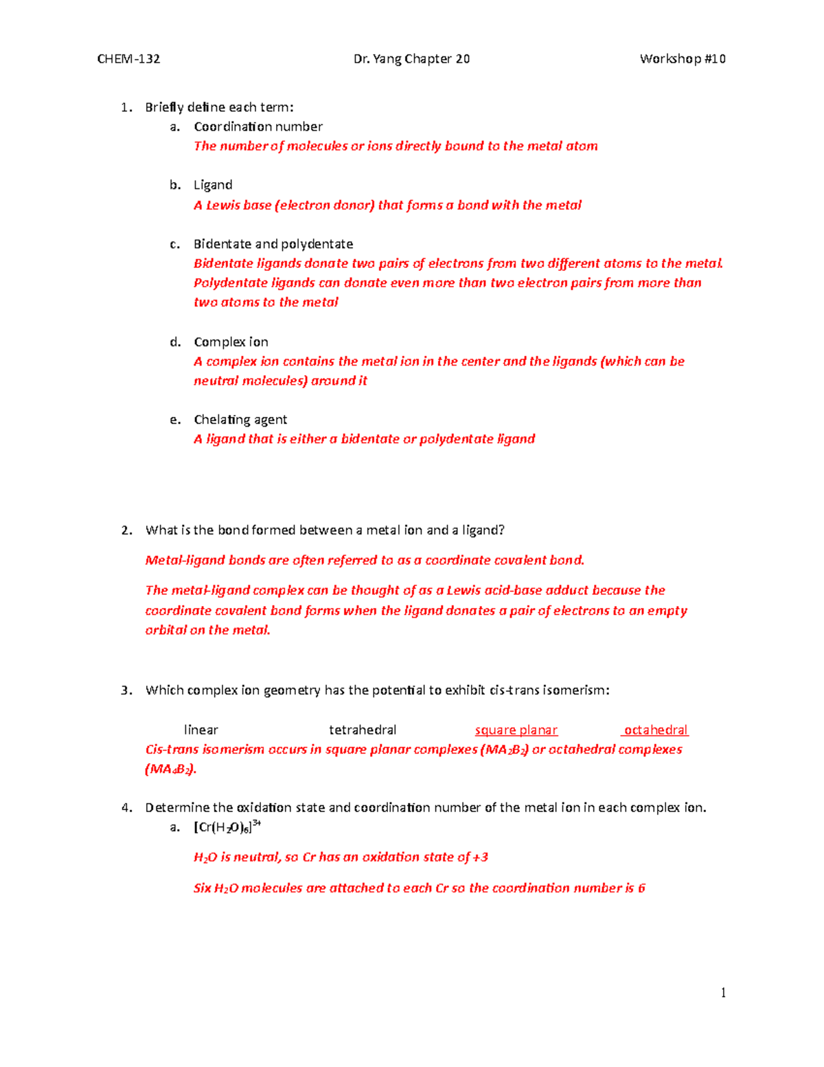 Workshop 15 part 2 - Notes WK 15 part 2 - CHEM-132 Dr. Yang Chapter 20 ...
