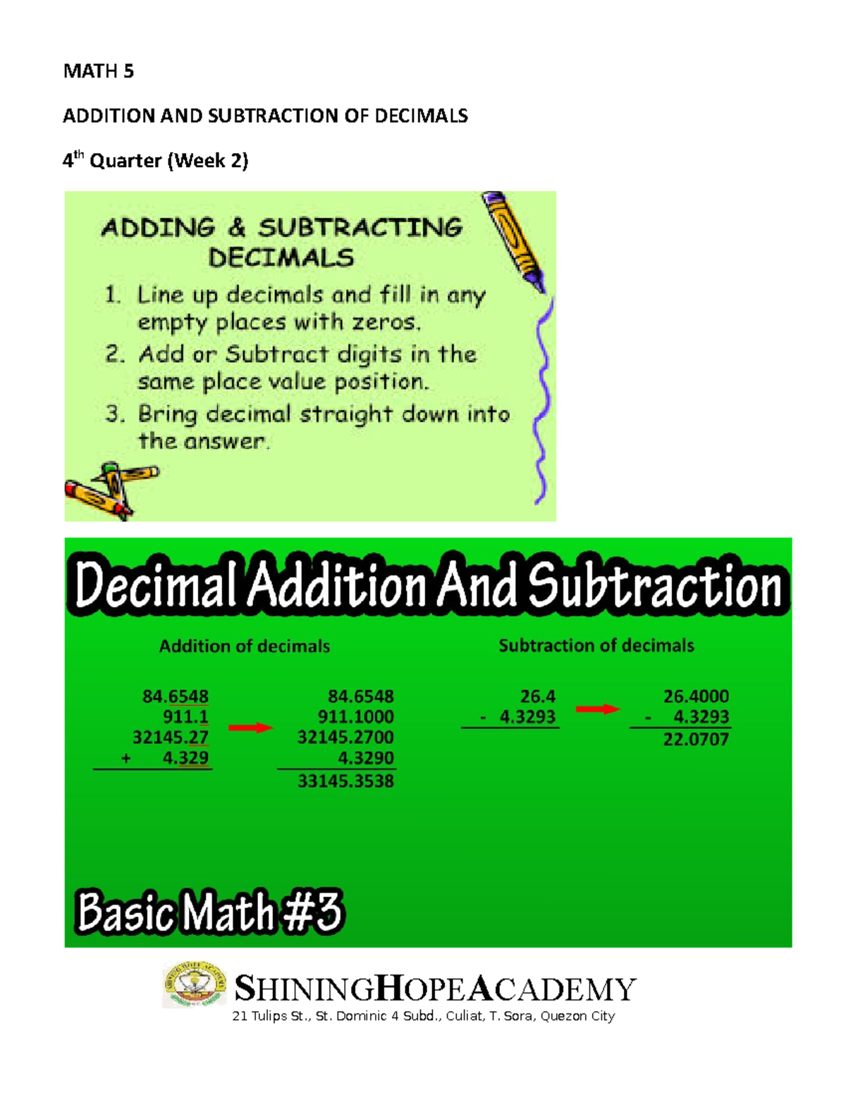 by the power hue das - MATH 5 ADDITION AND SUBTRACTION OF DECIMALS 4 th ...