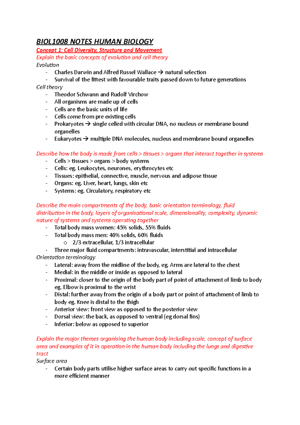 BIOL1008 full course notes - BIOL1008 NOTES HUMAN BIOLOGY Concept 1 ...