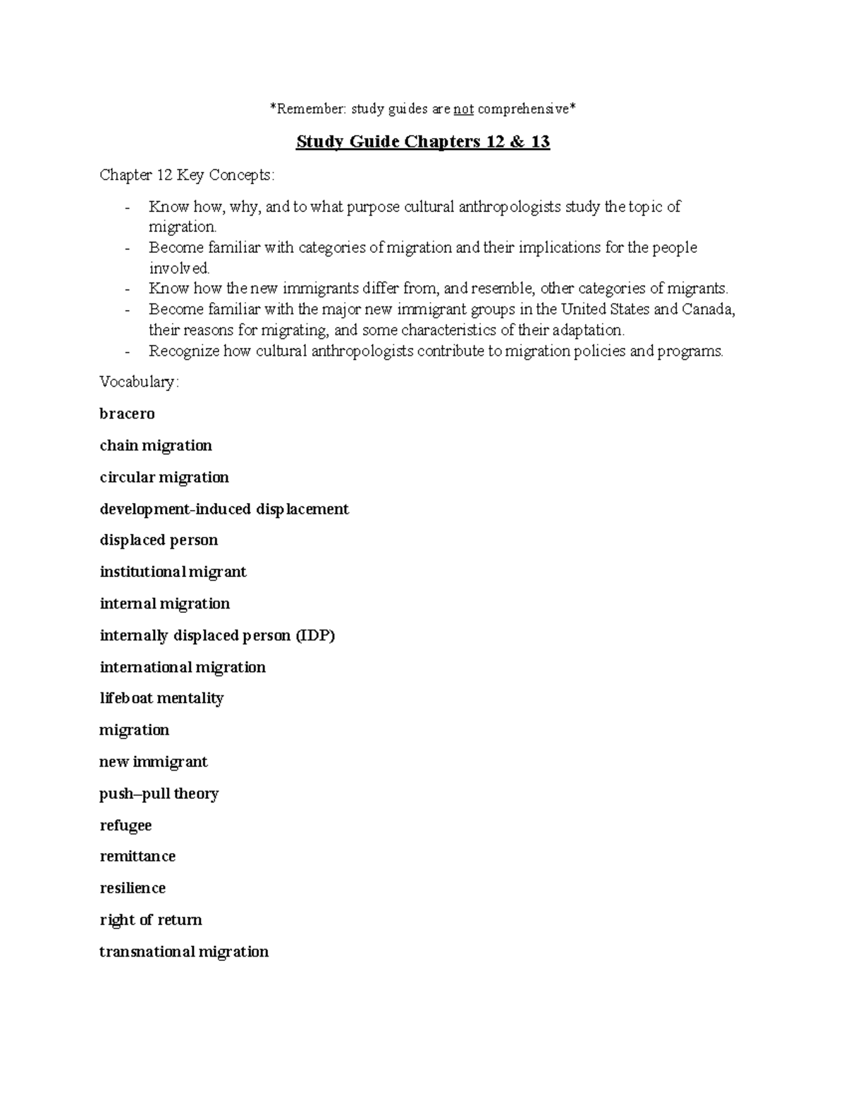 Study Guide Chapters 12 and 13 - Remember: study guides are not ...