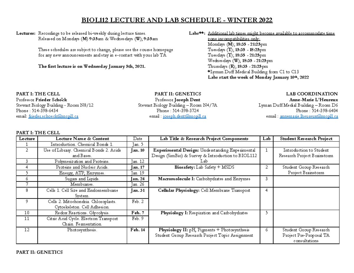 112 2022 Schedule Tentative BIOL112 LECTURE AND LAB SCHEDULE WINTER