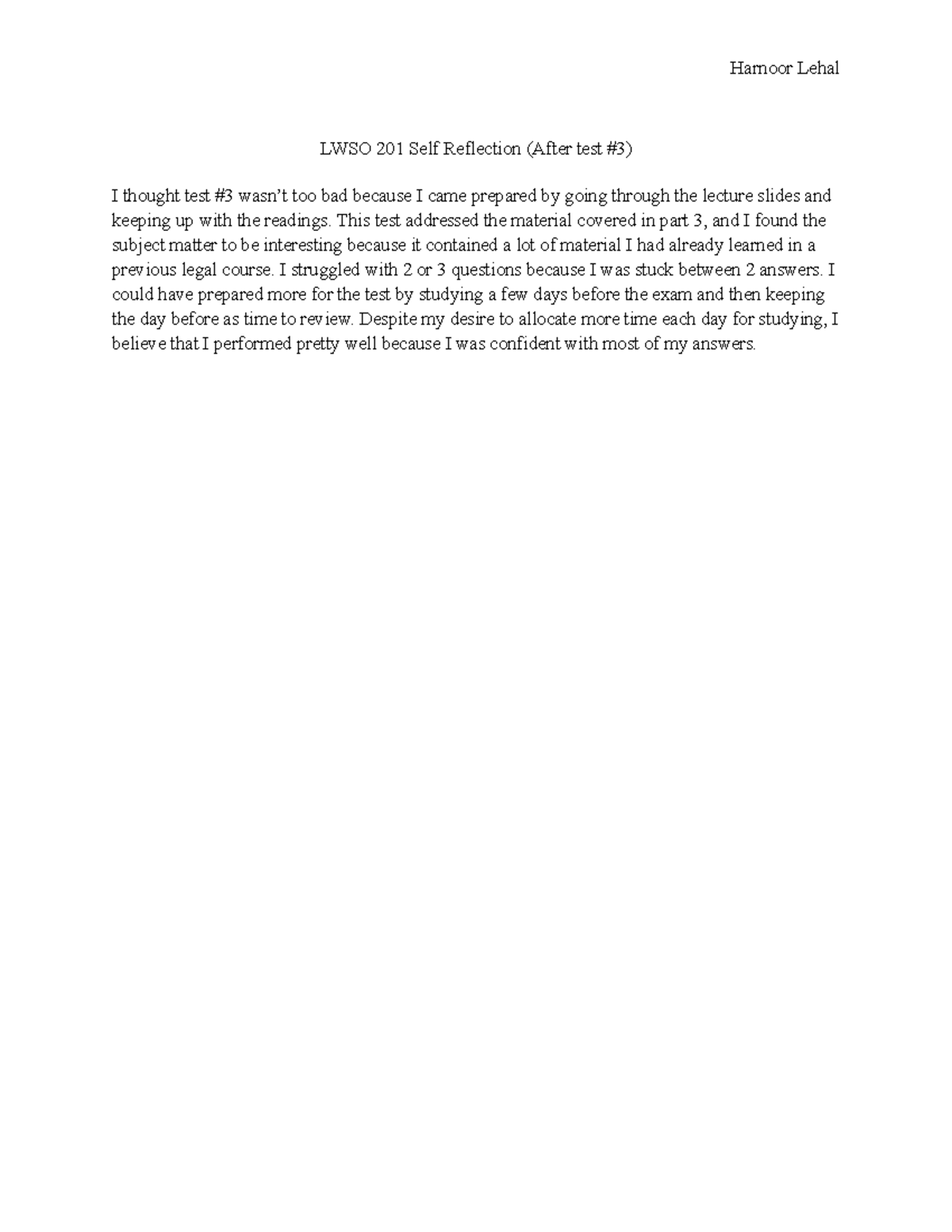 LWSO 201 Self Reflection (After test #3) - Harnoor Lehal LWSO 201 Self ...