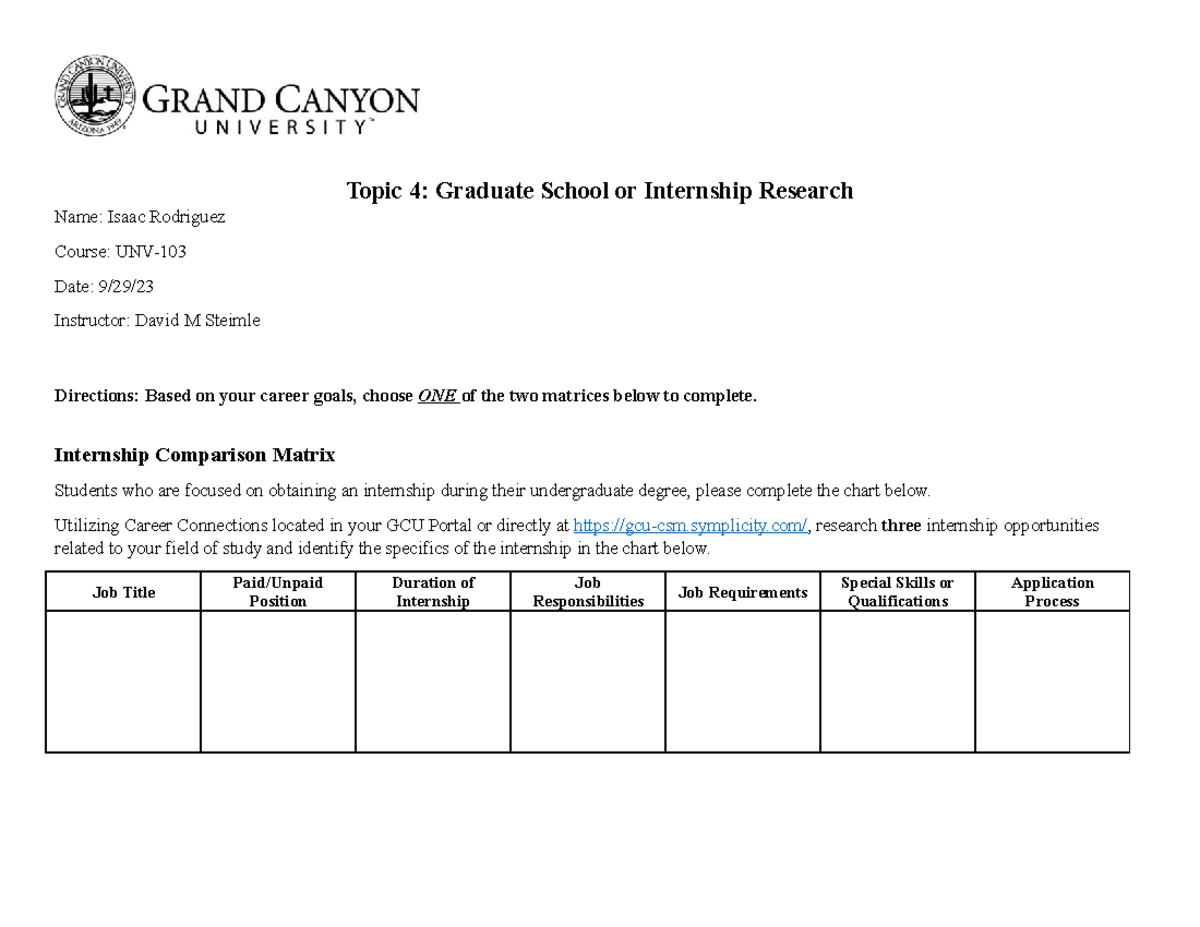 UNV-103-RS-T4-Graduate Schoolor Internship-Worksheet - Topic 4 ...