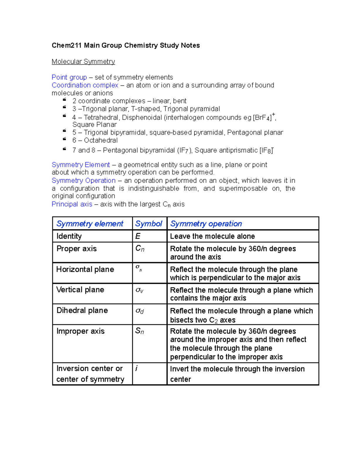 Chem211 Study Notes Exam Prep - Chem211 Main Group Chemistry Study ...