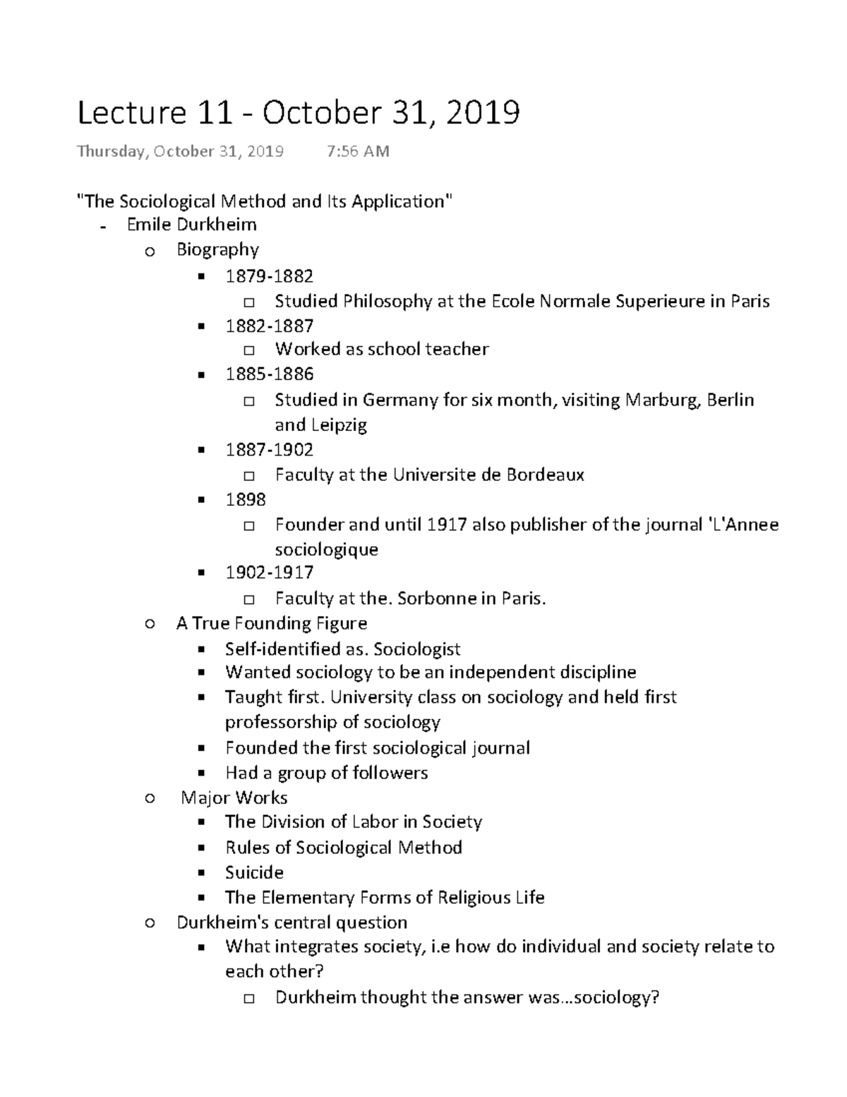 Lecture 11 - Sociology 101 - "The Sociological Method and Its ...