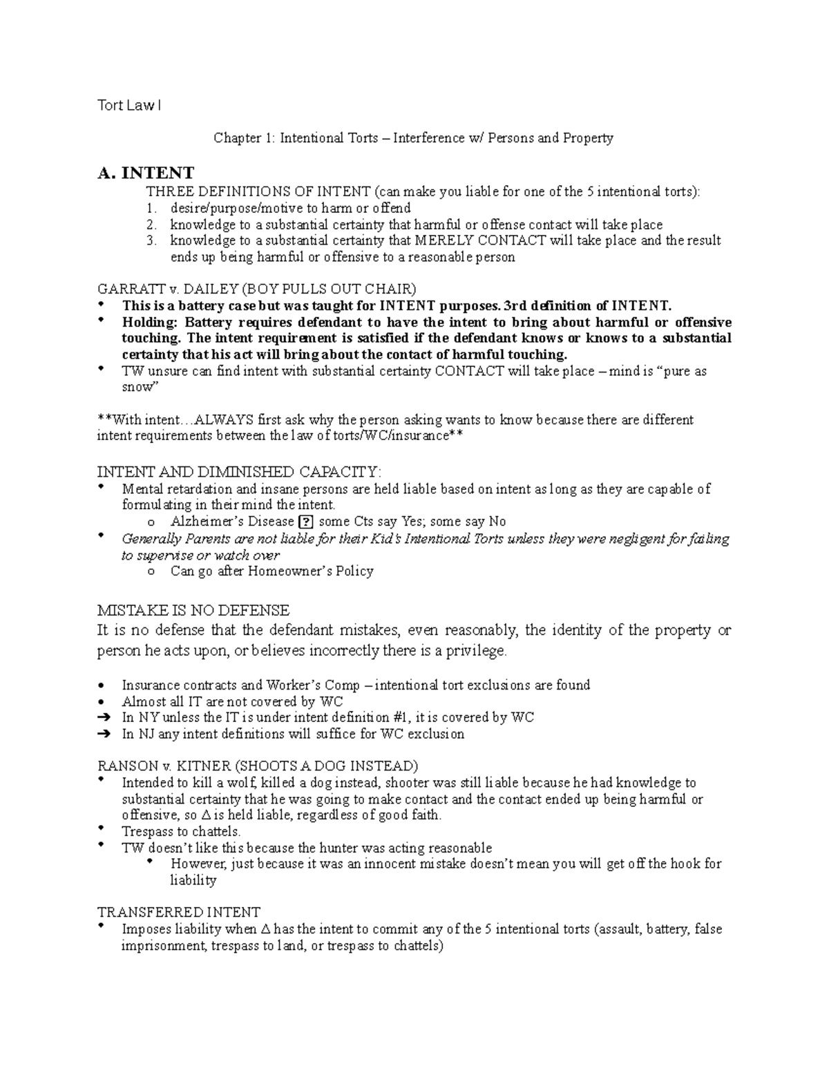 Ch 1 Intentional Torts Interference w Persons and Property Tort