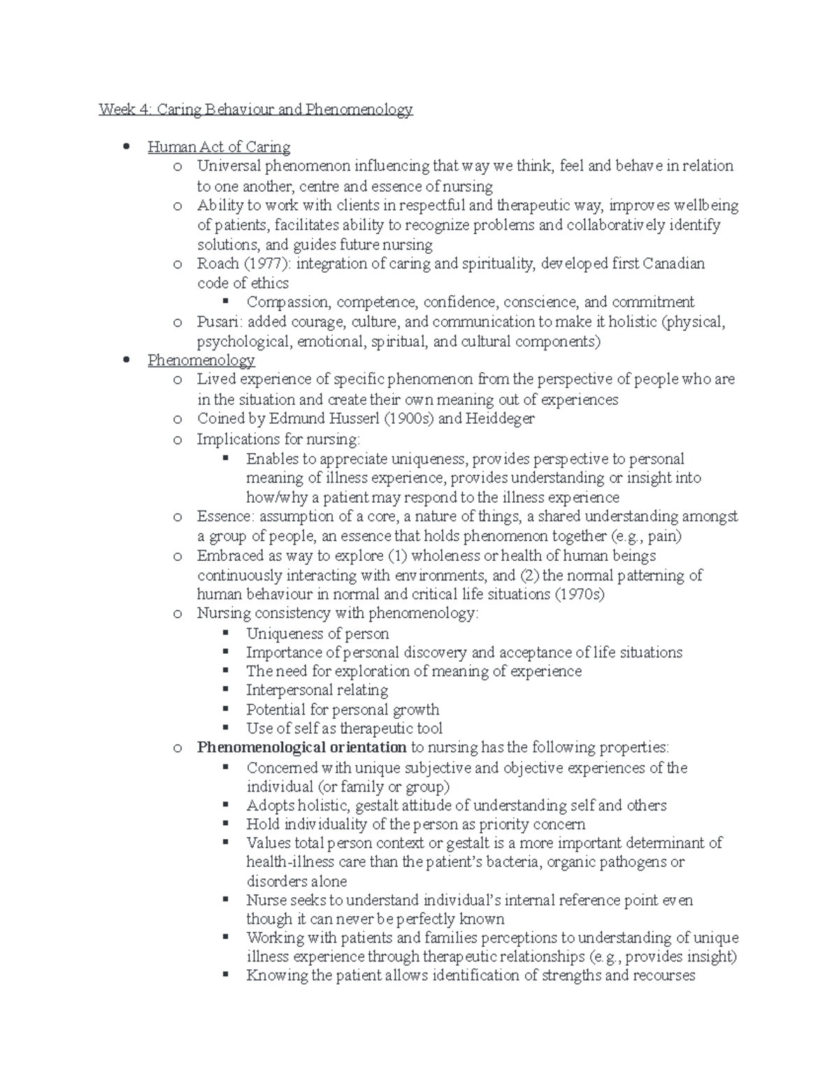 Summary - lecture 1-7 - Notes on readings and lectures - Week 4: Caring ...