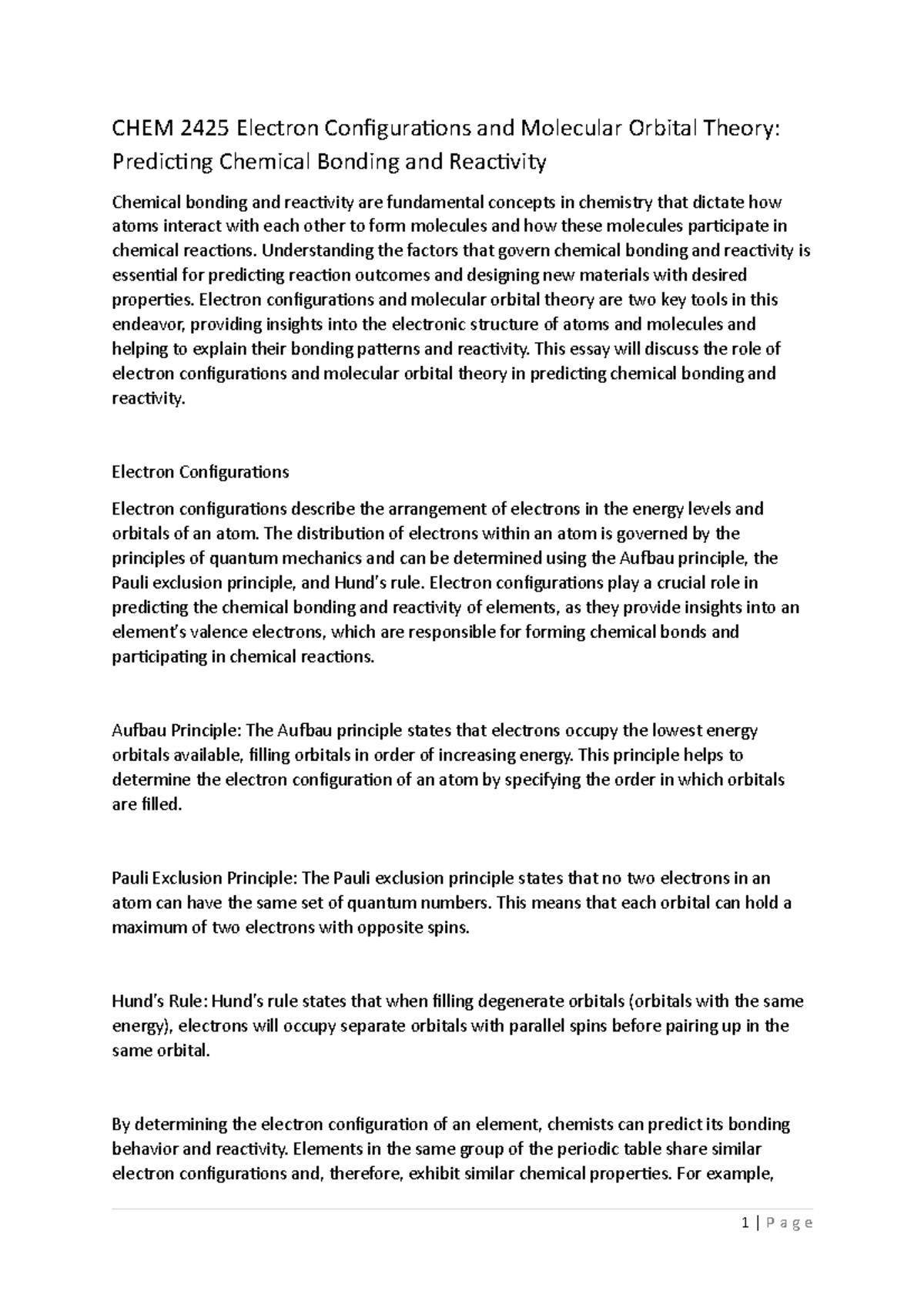 CHEM 2425 Electron Configurations and Molecular Orbital Theory ...