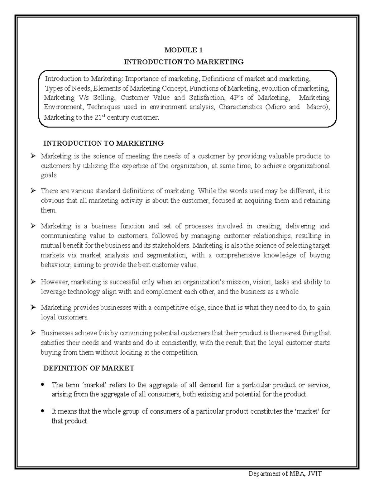 Module 1 (MM) - MODULE 1 INTRODUCTION TO MARKETING Introduction to ...