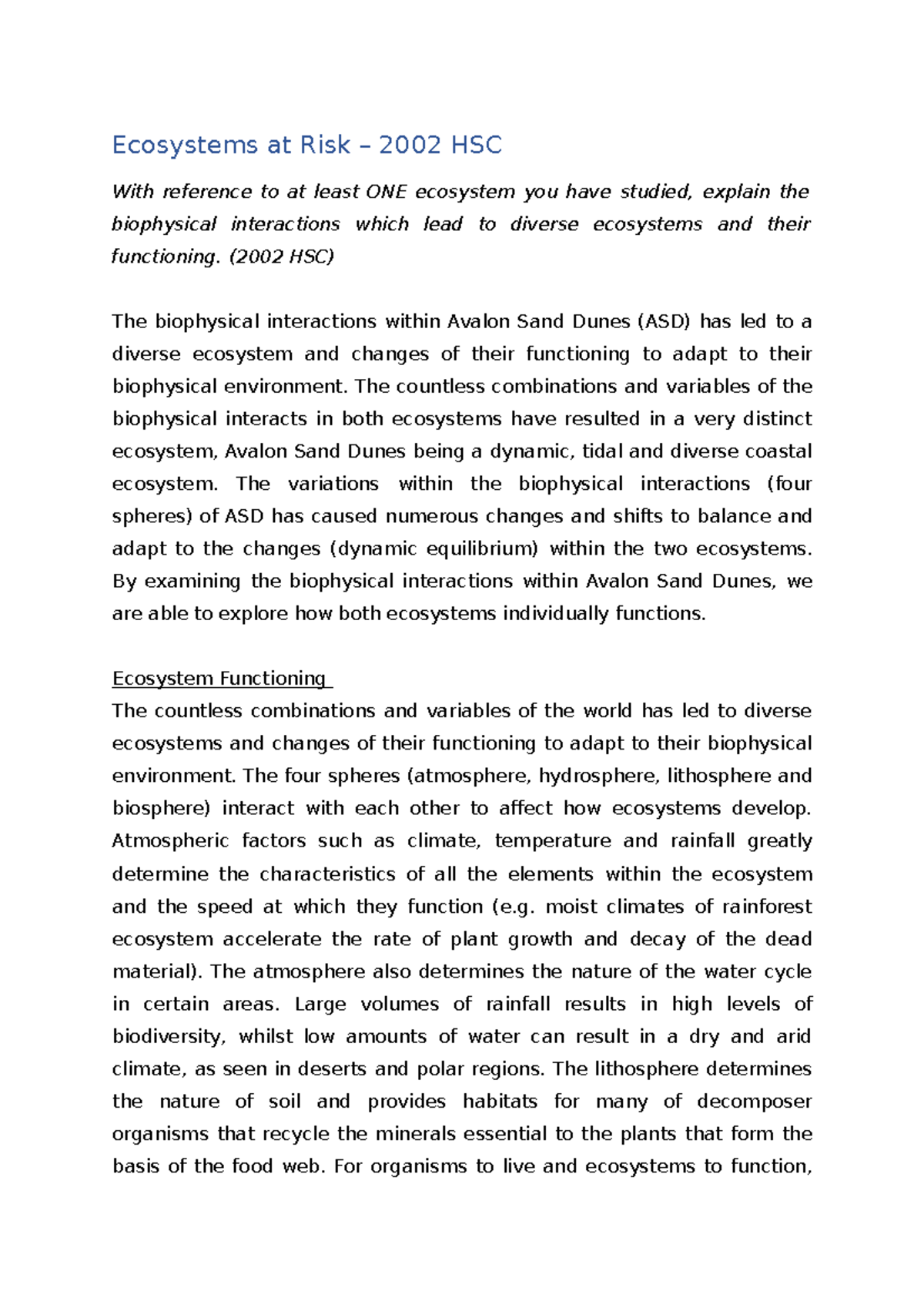 2002 HSC - Ecosystems at Risk Essay - Ecosystems at Risk – 2002 HSC ...