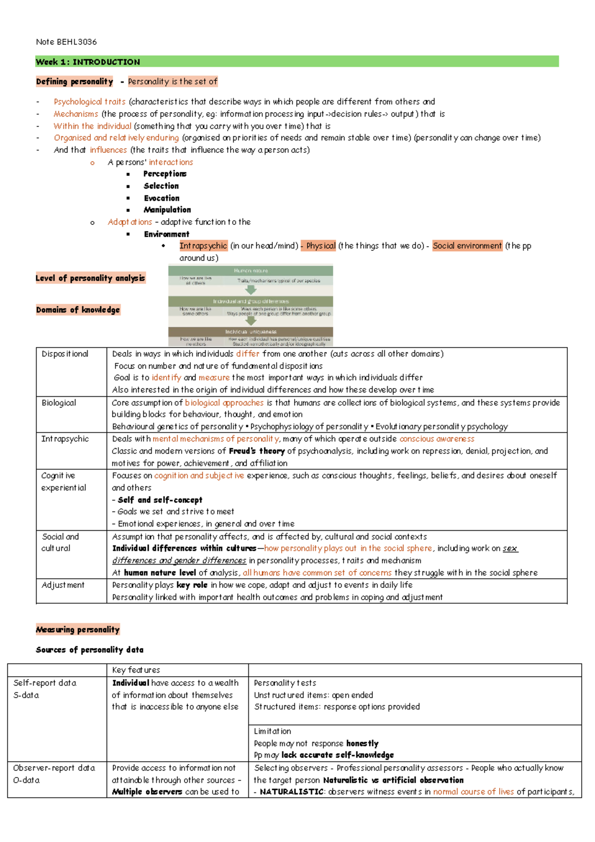 Week 1 note - Summary Personality Psychology - Note BEHL Week 1 ...