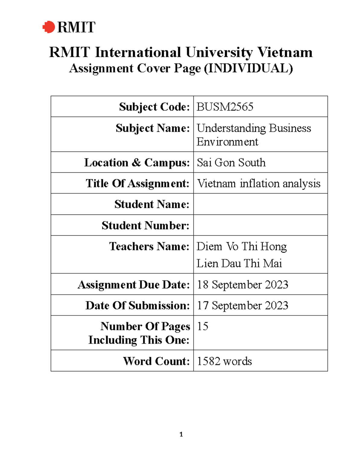 ASM 3 FOR UBE - RMIT International University Vietnam Assignment Cover ...