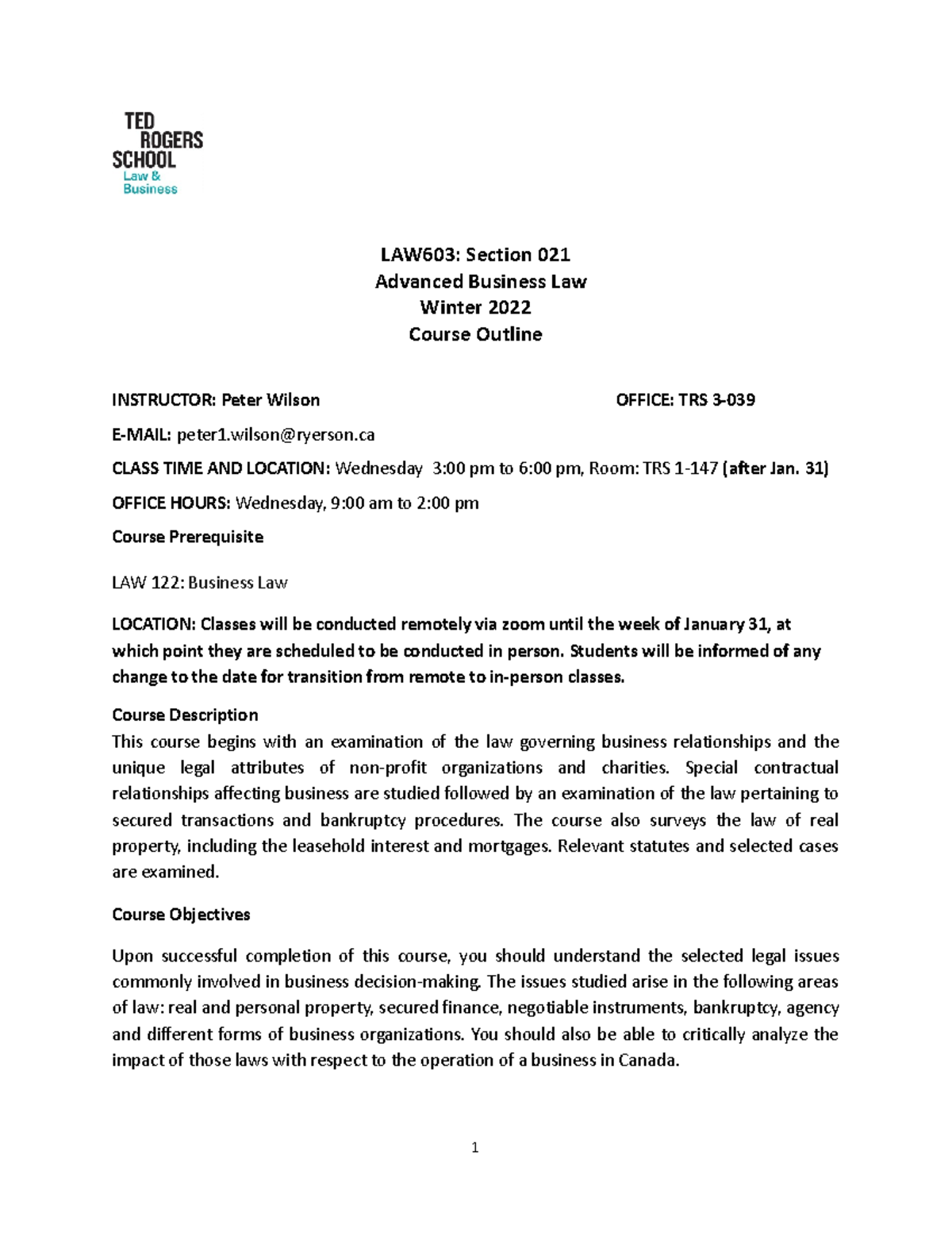 Law 603 Course Outline - LAW603: Section 021 Advanced Business Law ...