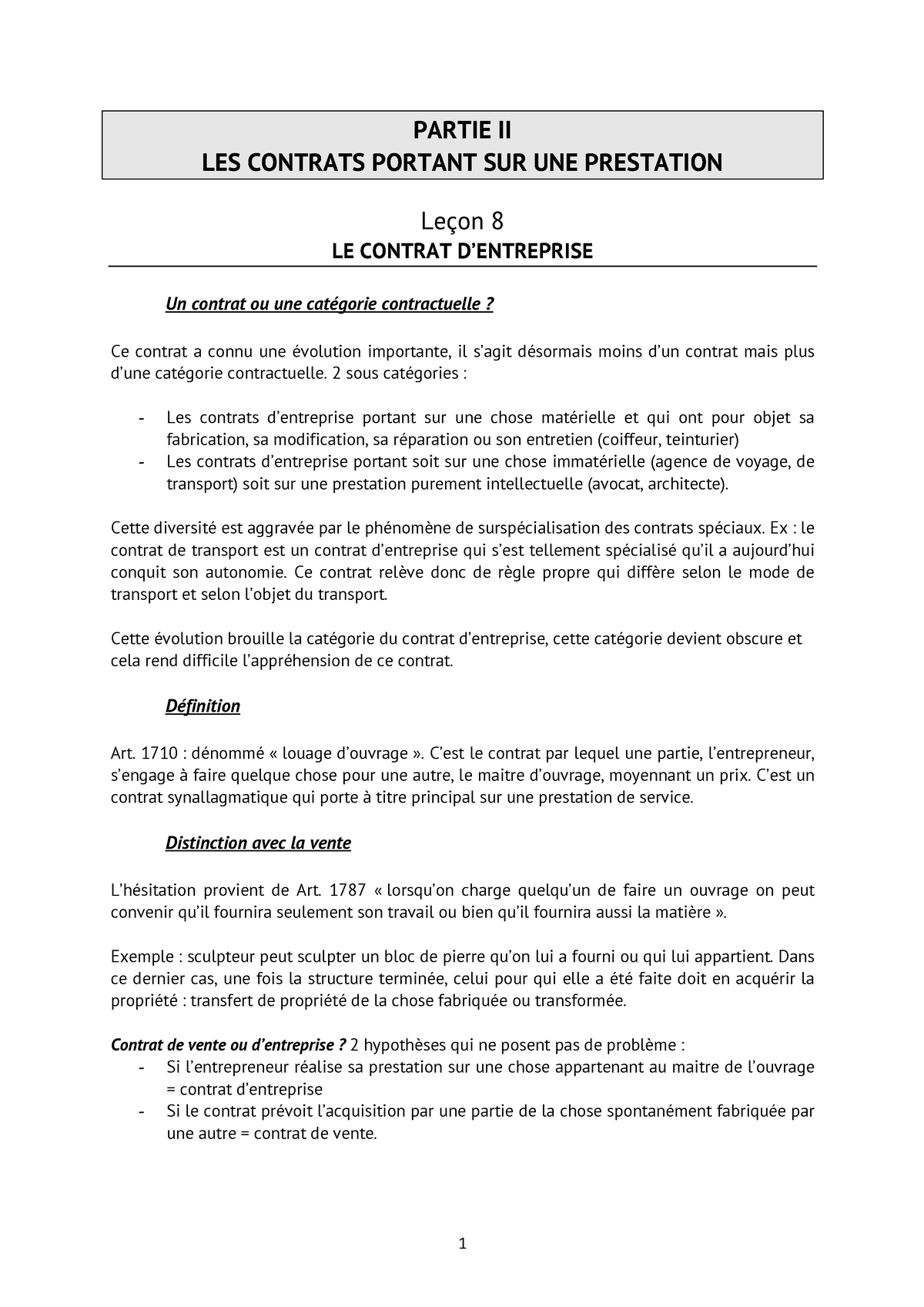 Leçon 8 - Le Contrat D'entreprise - PARTIE II LES CONTRATS PORTANT SUR ...