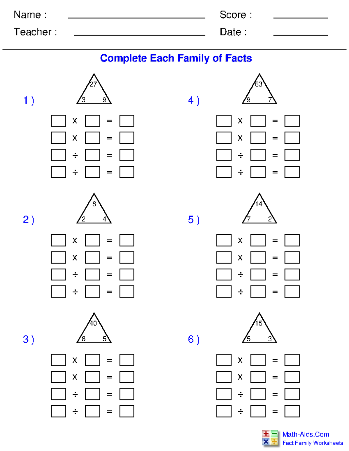 fact family multiplication division name teacher date score fact family studocu