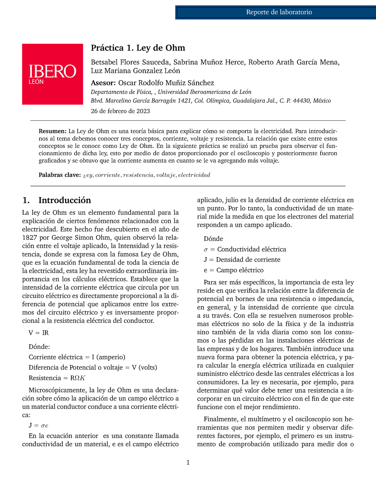 Reporte Fisica 1 - Reporte De Laboratorio Pr ́actica 1. Ley De Ohm ...