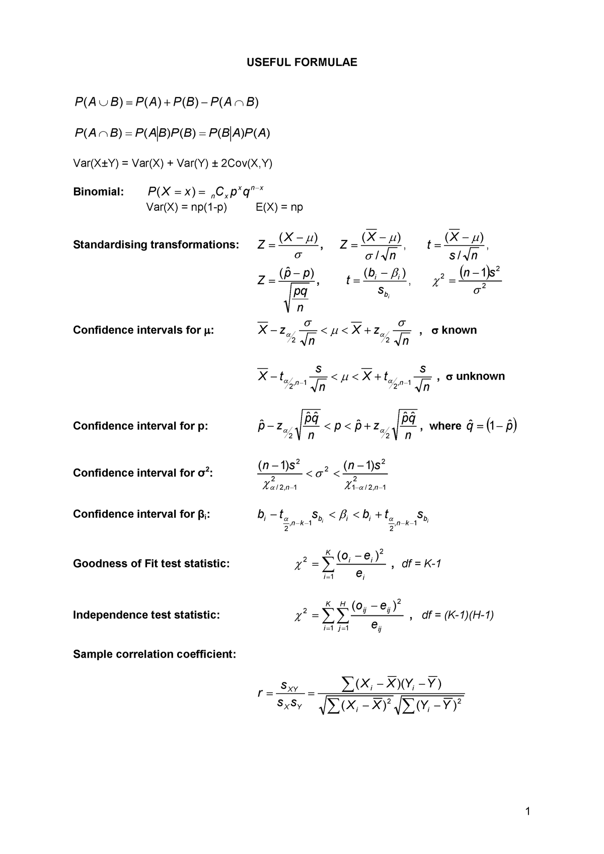 Updated Formula Sheet - S2 2016 - USEFUL FORMULAE P ( A ∪ B ) = P ( A ...