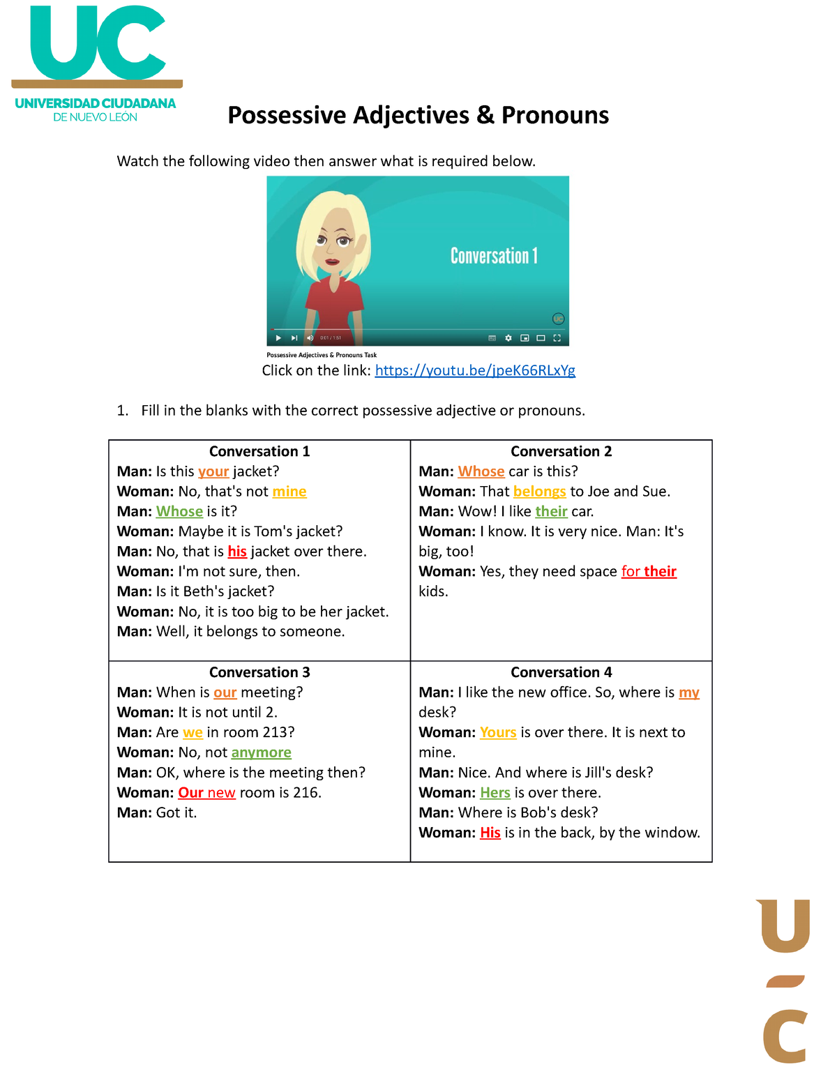 Possessive Adjectives Pronouns Mtro Francisco - Possessive Adjectives ...