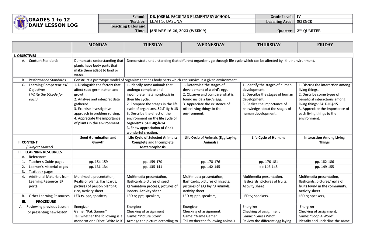 DLL Science 4 Q2 W9 - FOR REFERENCE - GRADES 1 to 12 DAILY LESSON LOG ...