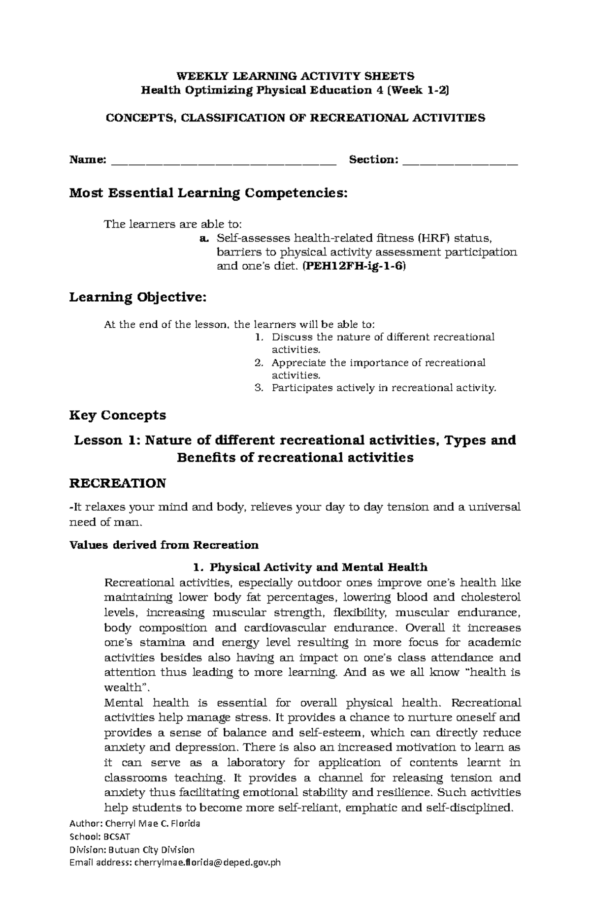 HOPE 4 W 1 2 LAS Recreation - WEEKLY LEARNING ACTIVITY SHEETS Health ...