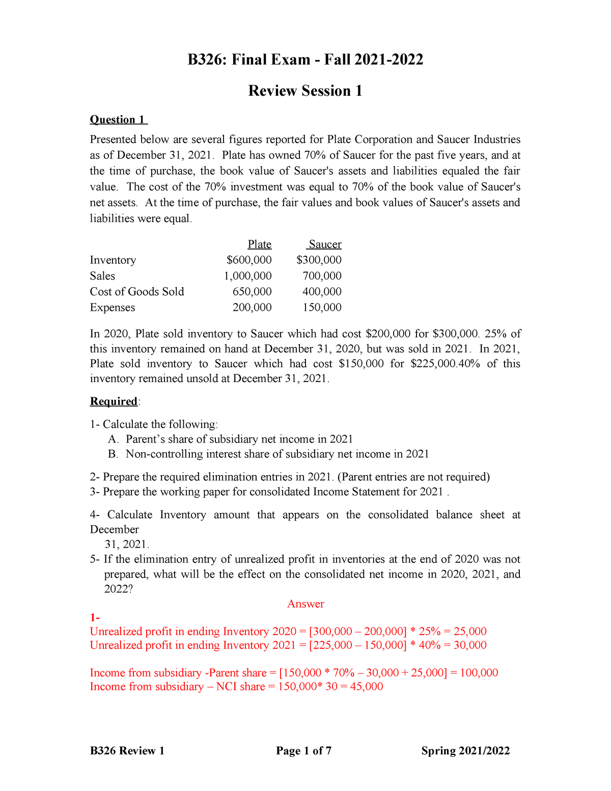 B326 - Review Session 1 - Spring 2021-2022 - B326: Final Exam - Fall ...