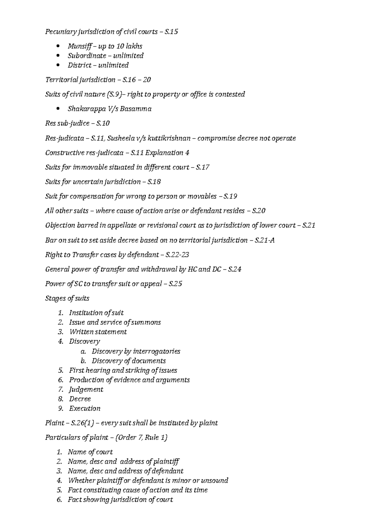 CPC Notes Pecuniary jurisdiction of civil courts S. Munsiff up to