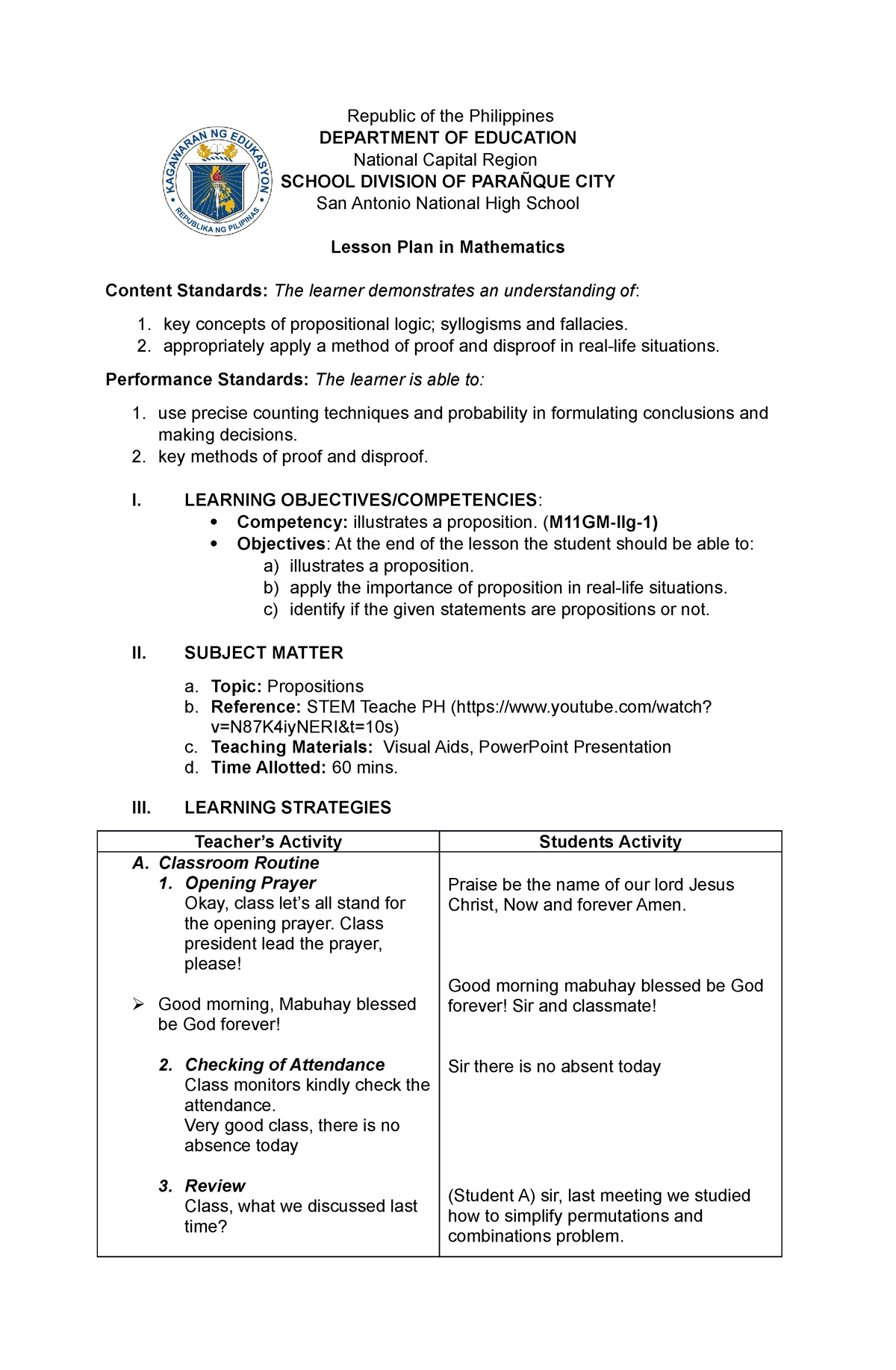 Proposition-LP - Lesson Plan - Republic of the Philippines DEPARTMENT ...