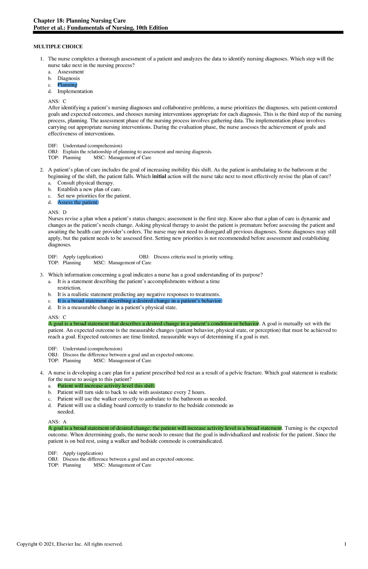 Exam View - Chapter 18 - Chapter 18: Planning Nursing Care Potter et al ...