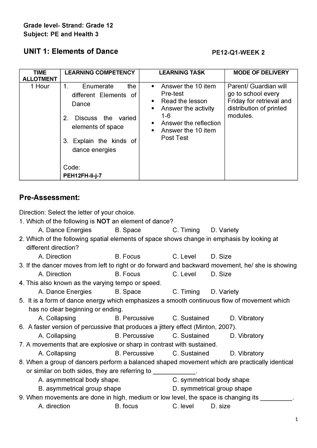 Pe 3 Q1 Week 2 For Pe Grade Level Strand Grade 12 Subject Pe And Health 3 Unit 1 9455