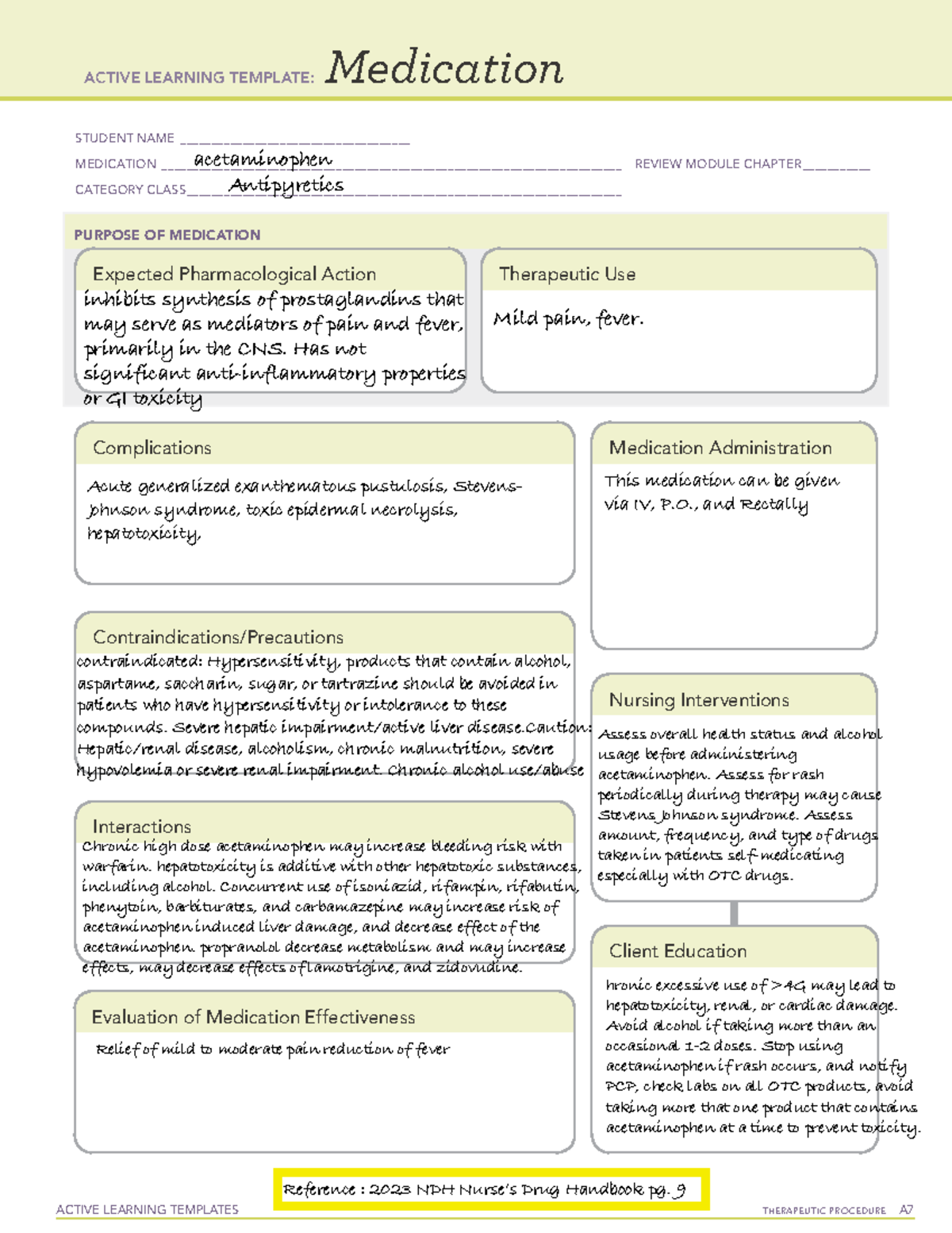 Acetaminophen medication cards ACTIVE LEARNING TEMPLATES