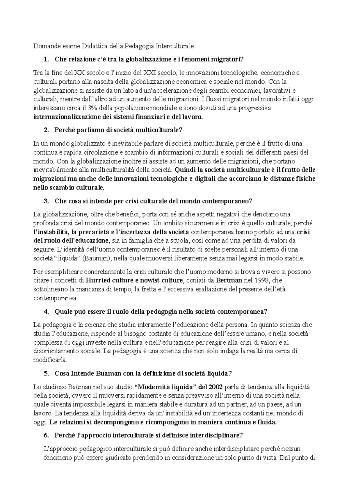 Domande esame Didattica della Pedagogia Interculturale - Che ...