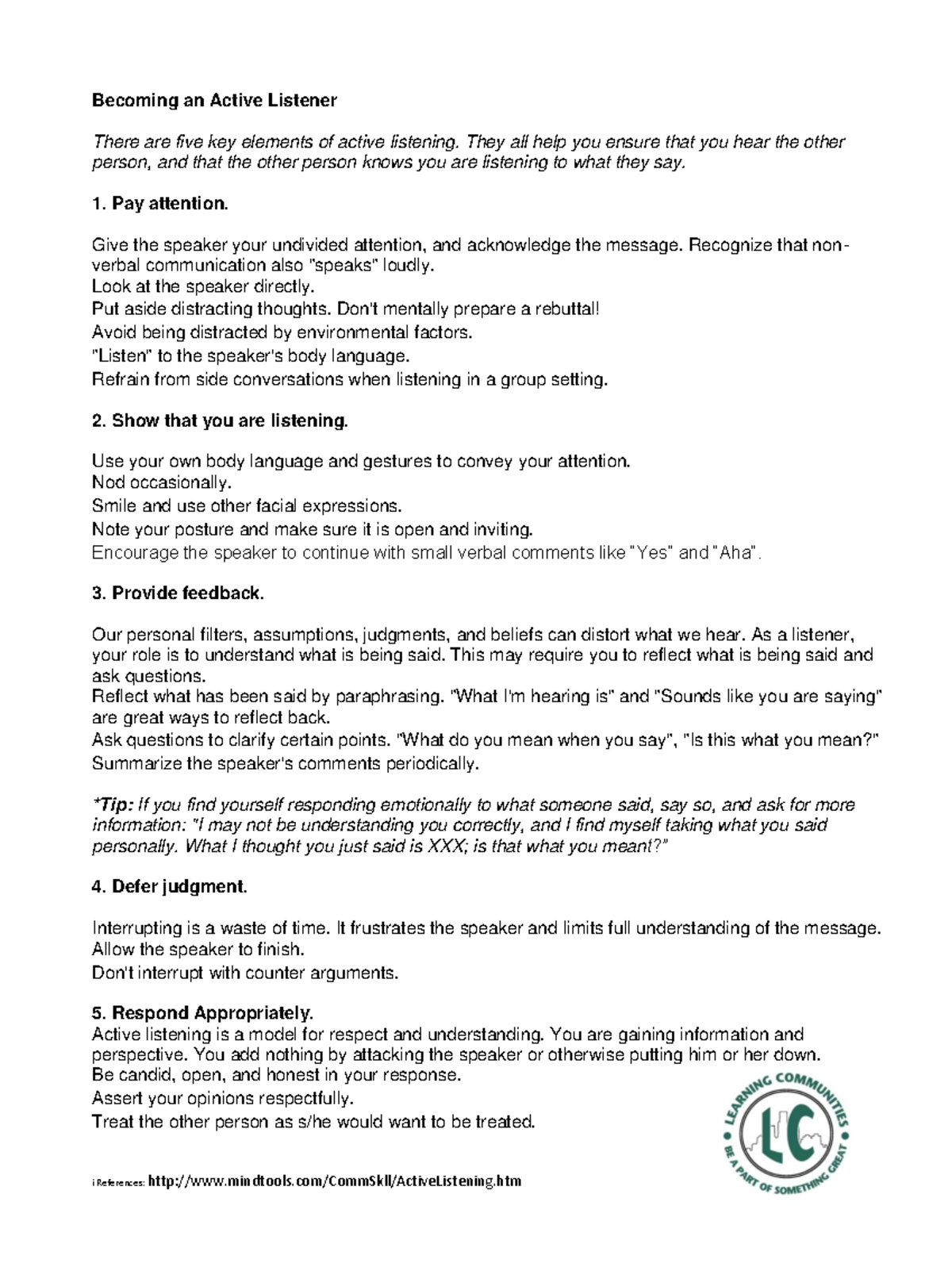Becoming an active listener - Becoming an Active Listener There are ...
