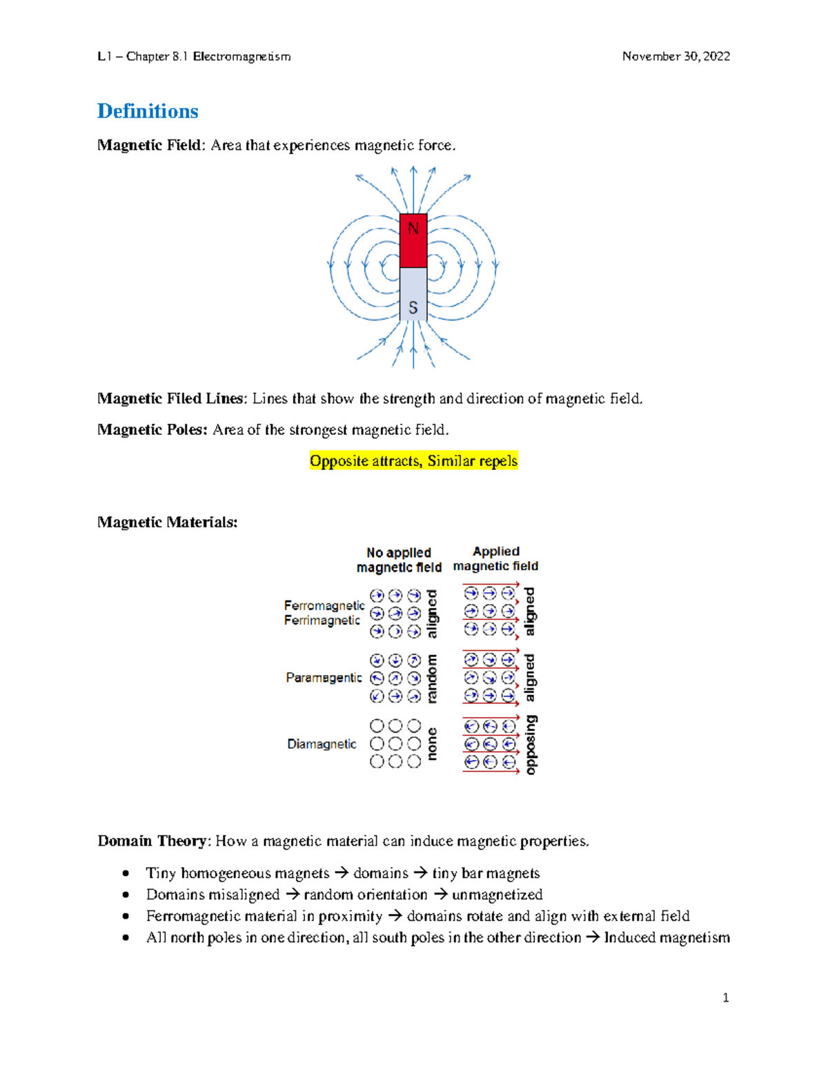 Grade 12 Lecture 1 - 2022-11-30 - Definitions Magnetic Field: Area that ...