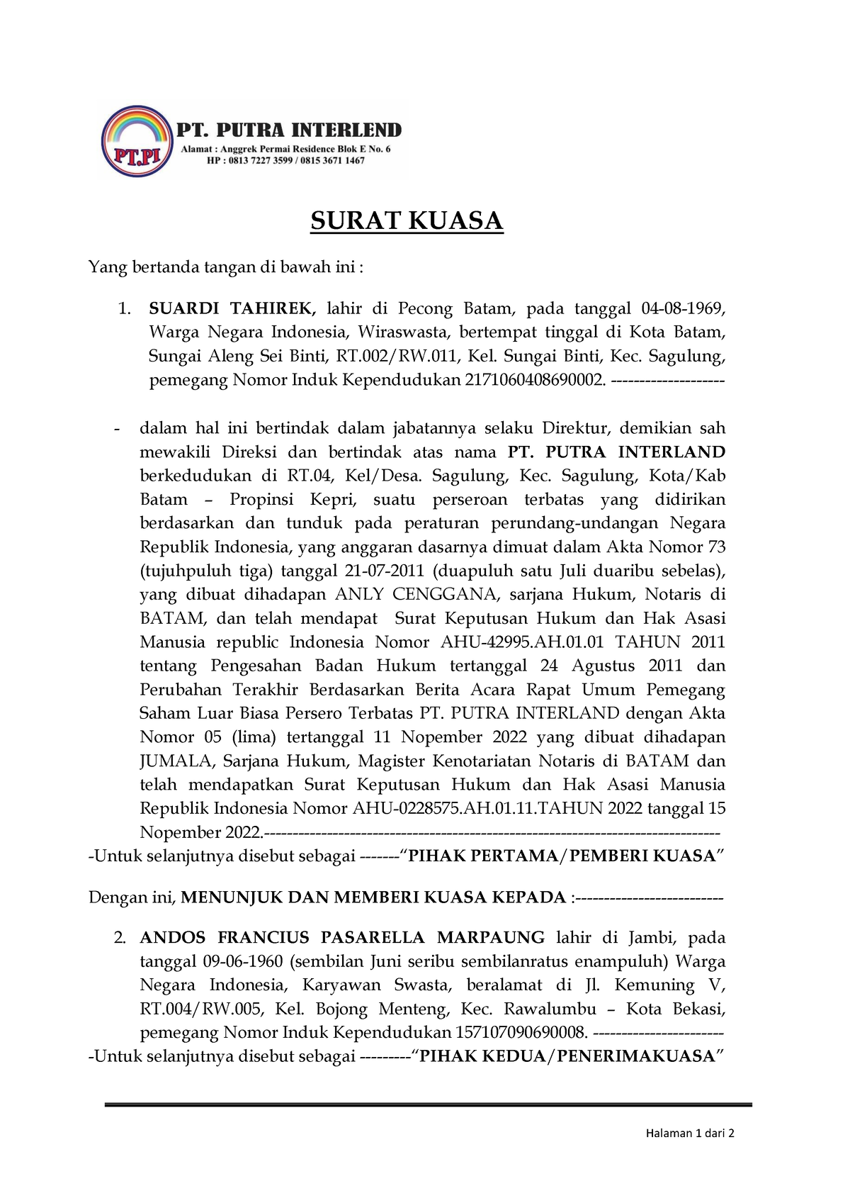 Surat Kuasa Tanjung Undap Halaman 1 Dari 2 Surat Kuasa Yang Bertanda