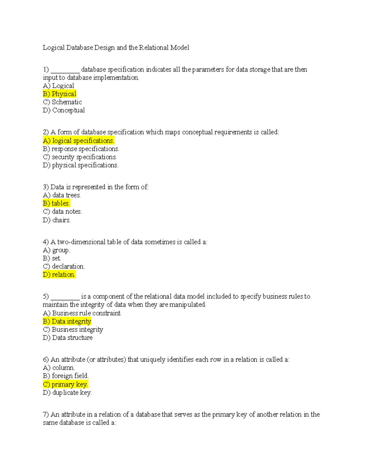 Logical Database Design and the Relational Model - A) Logical B ...