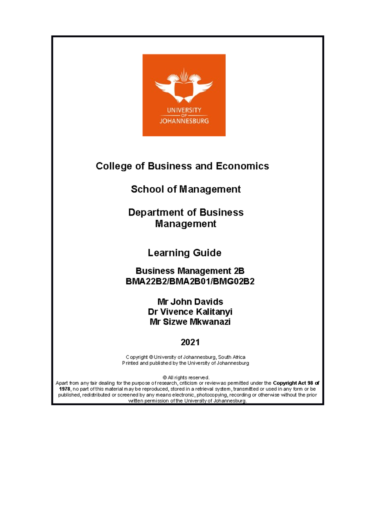 Learning guide Business Management 2B 2021 final (002) - College of ...