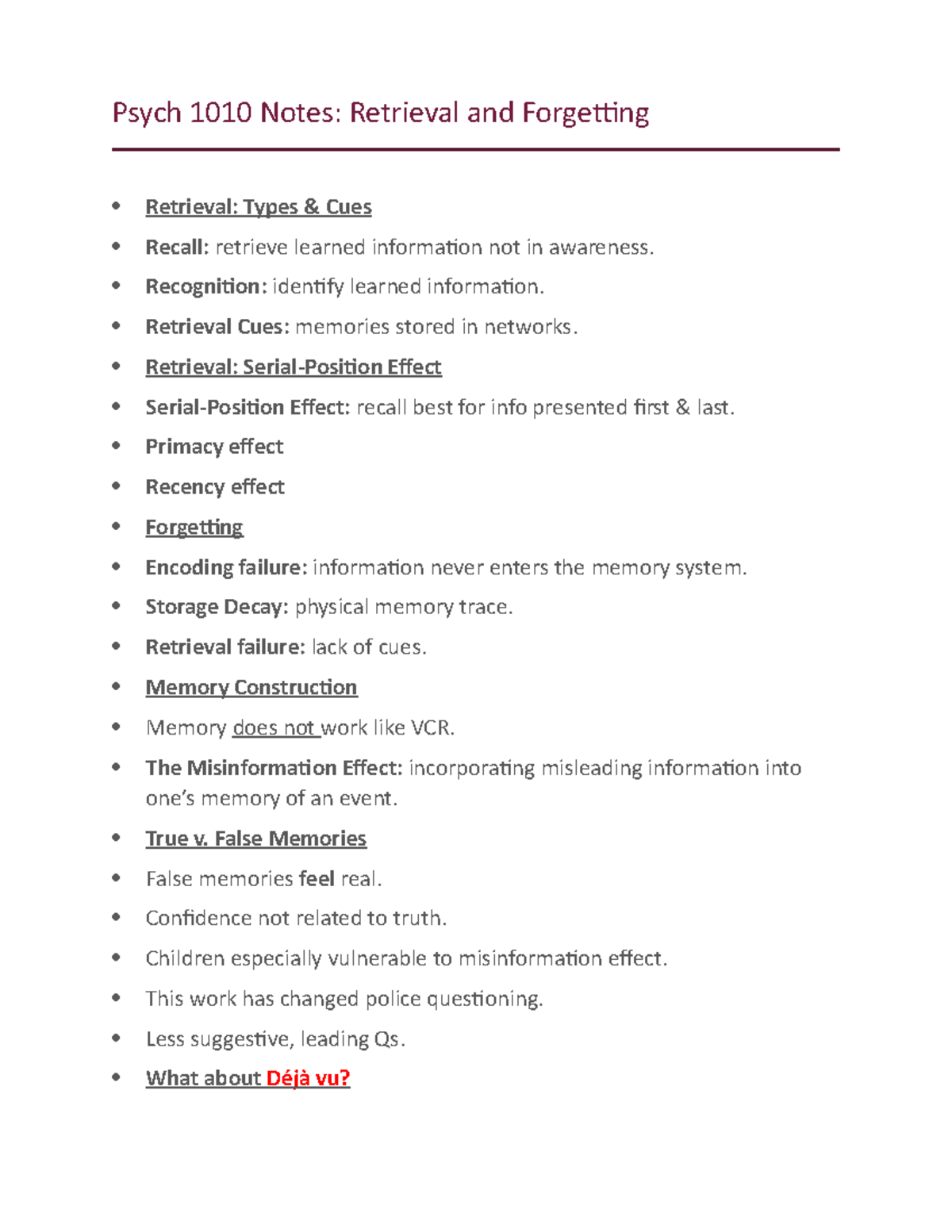 Psych 1010 Notes Retrieval and Forgetting - Psych 1010 Notes: Retrieval ...