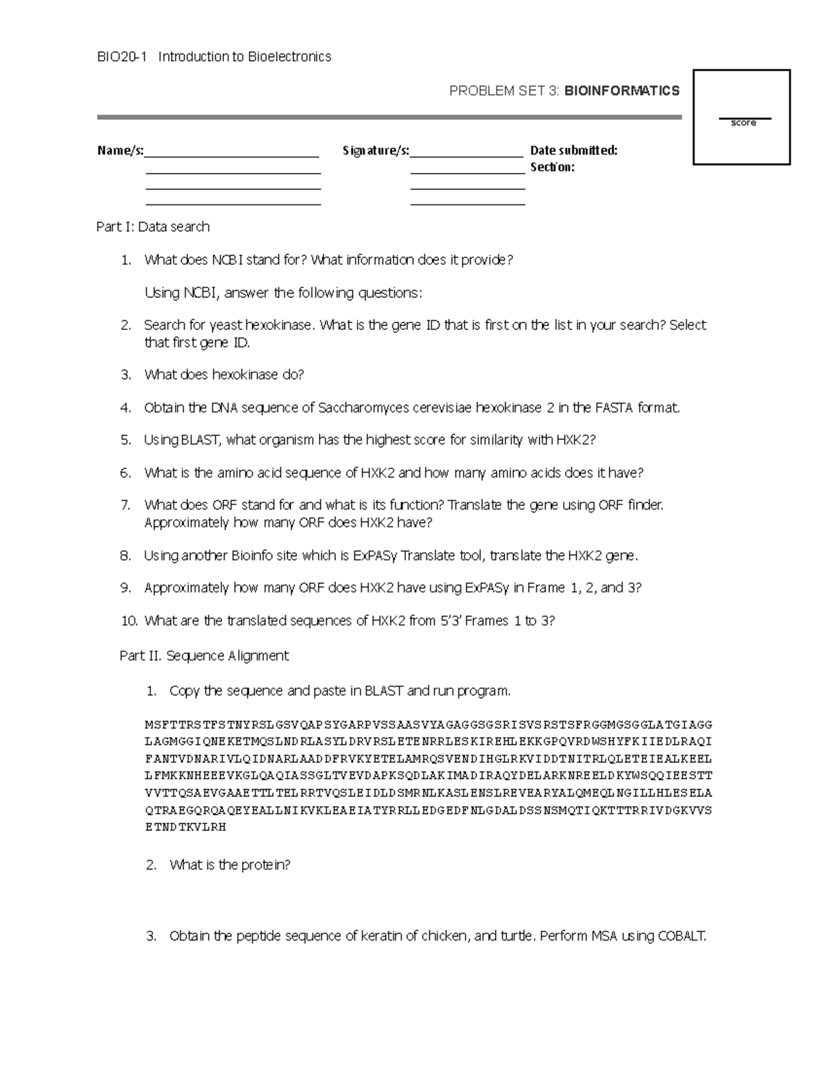 BIO20 1 Problem SET 3 Bioinformatics Exercise - Part I: Data search ...