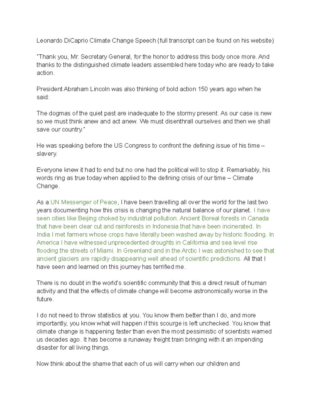 Leonardo Di Caprio Climate Change Speech Studocu