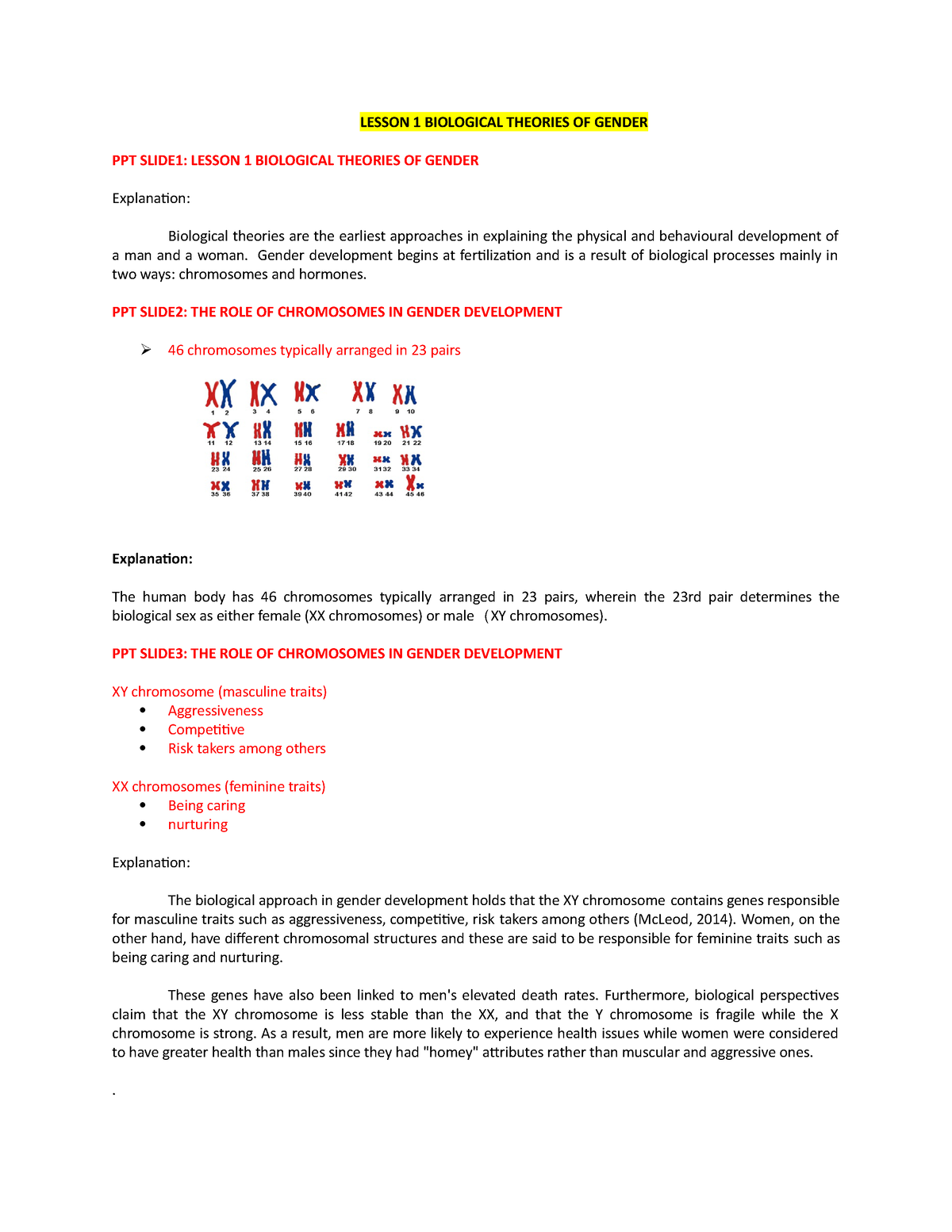 Lesson 1 - GENDER AND SOCIETY - LESSON 1 BIOLOGICAL THEORIES OF GENDER ...