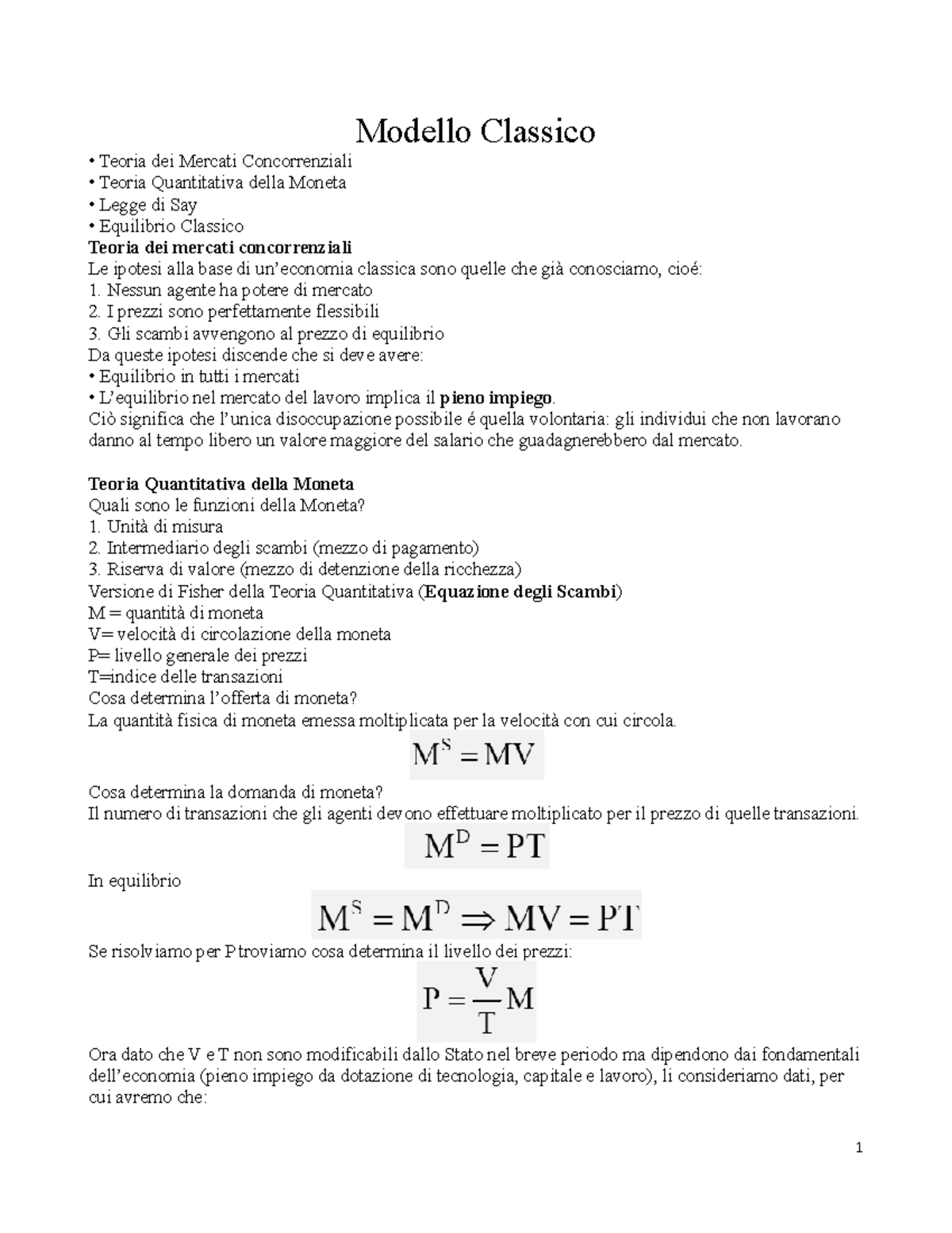 Modello Classico - Economia Politica - Modello Classico Teoria dei ...